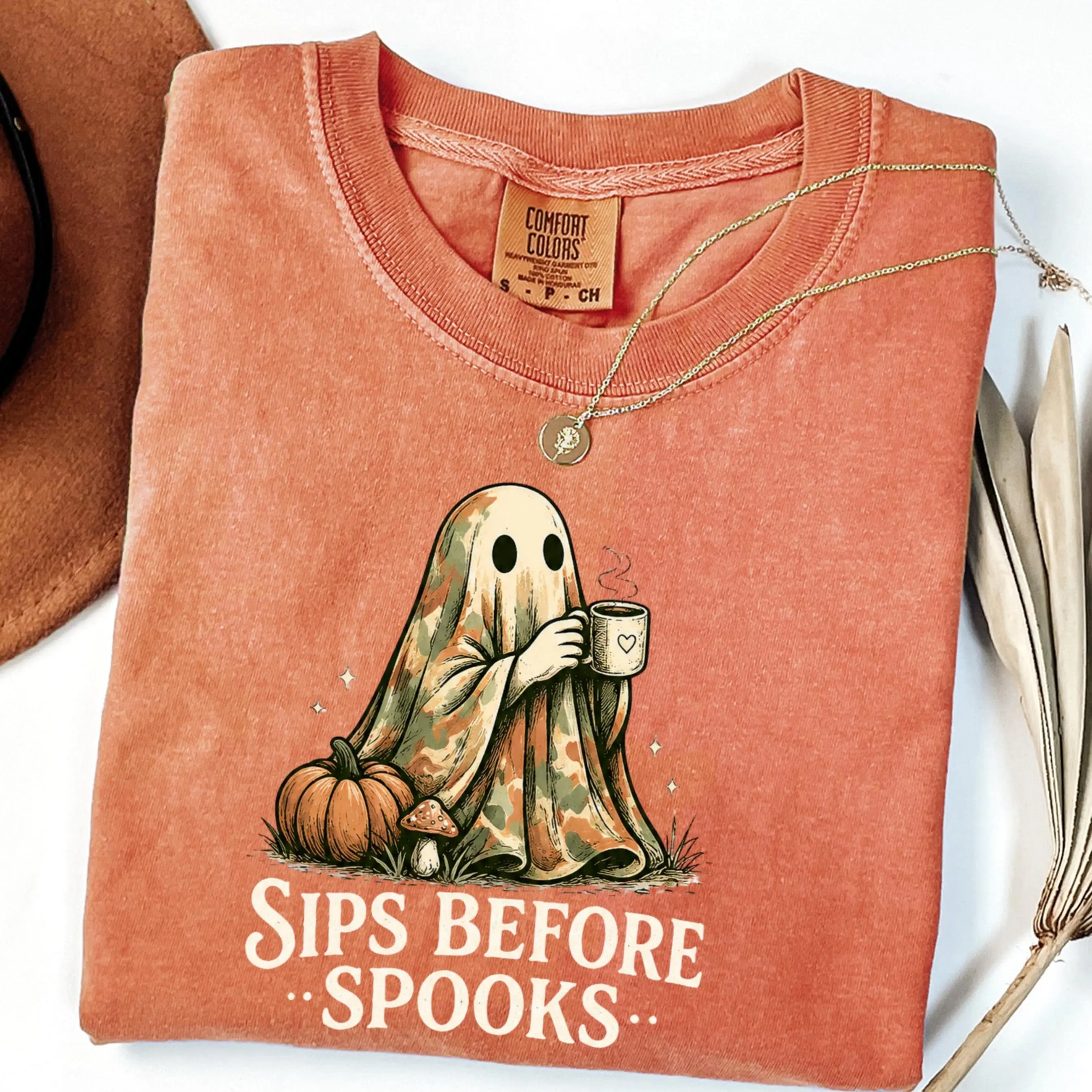 Comfort Colors Cottagecore Camo Ghost Halloween Shirt, Cozy Fall Coffee Lover Spooky Season Tee
