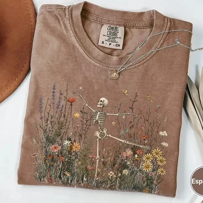 Cottagecore Floral Skeleton Shirt, Dancing Arabesque Botanical Tee, Comfort Colors Nature Lover Graphic Top for Women