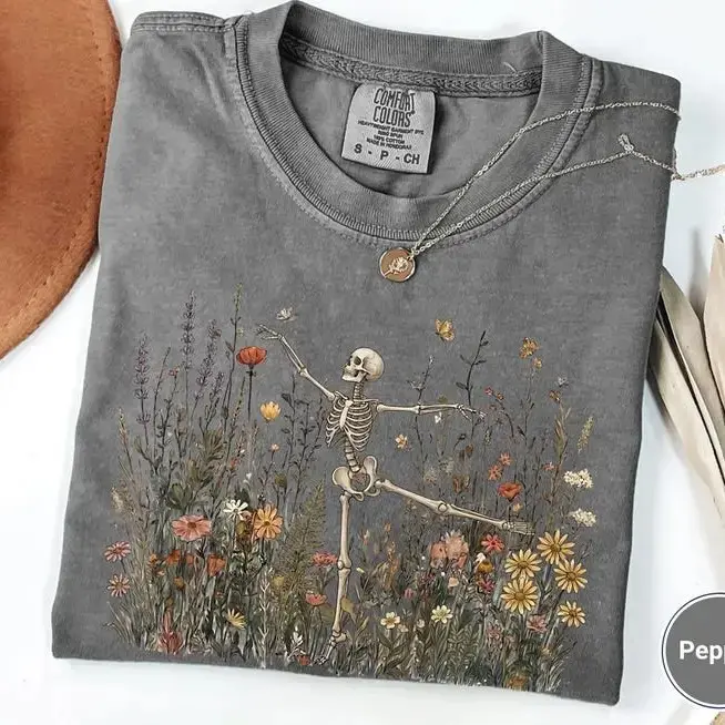 Cottagecore Floral Skeleton Shirt, Dancing Arabesque Botanical Tee, Comfort Colors Nature Lover Graphic Top for Women - photo 2