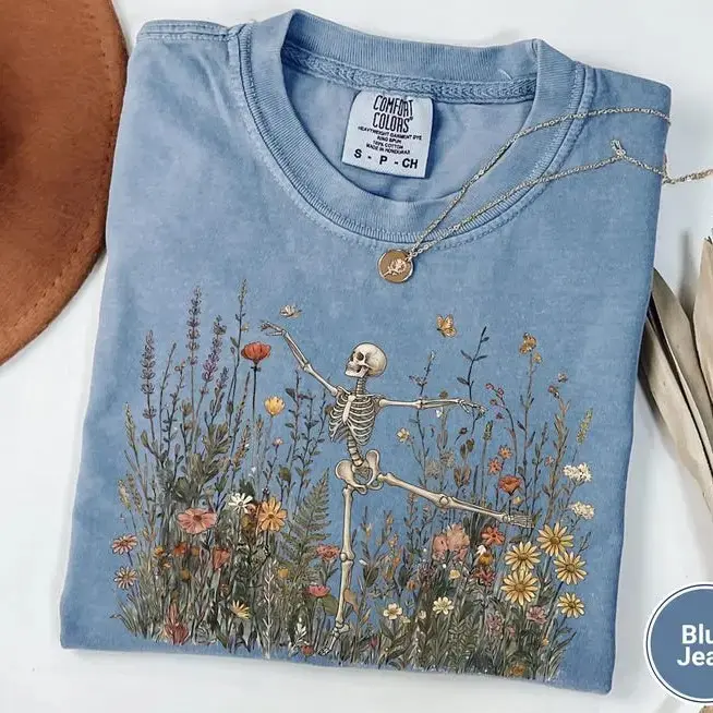 Cottagecore Floral Skeleton Shirt, Dancing Arabesque Botanical Tee, Comfort Colors Nature Lover Graphic Top for Women - photo 4