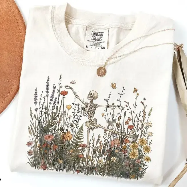 Cottagecore Floral Skeleton Shirt, Dancing Arabesque Botanical Tee, Comfort Colors Nature Lover Graphic Top for Women - photo 5