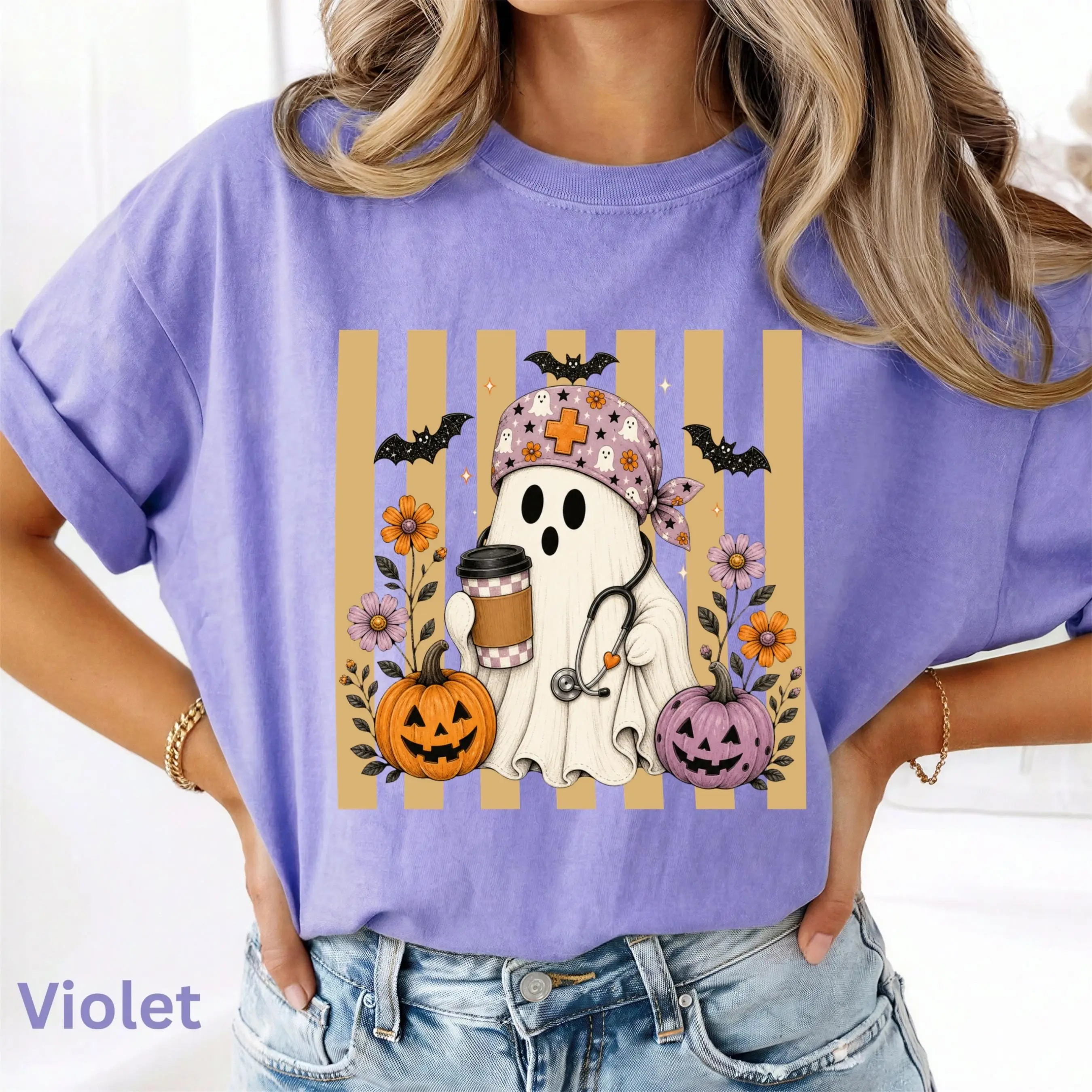 Comfort Colors Cottagecore Nurse Ghost Halloween Shirt, Cozy Spooky Season Tee, Fall Nursing Gift Top