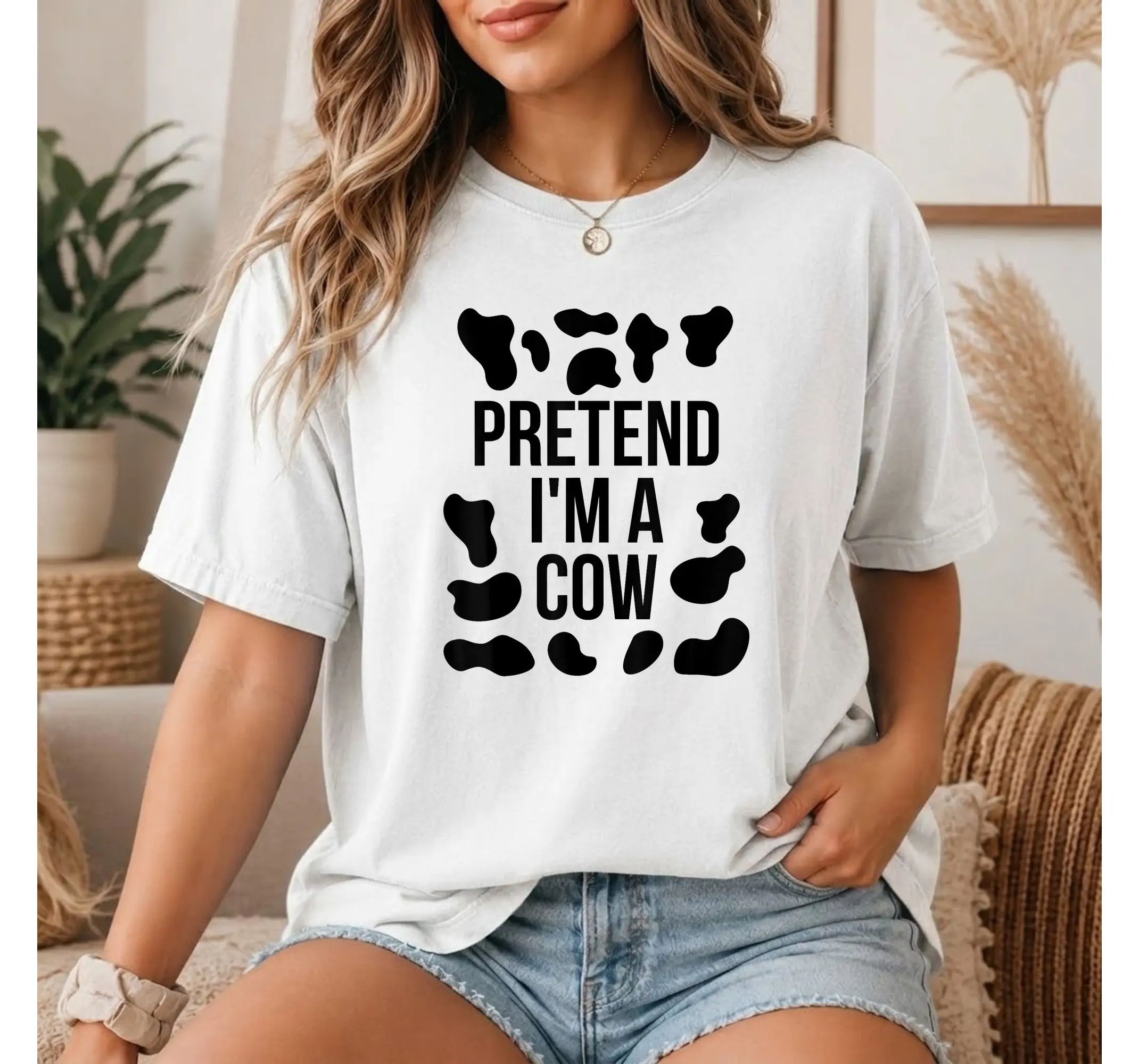 Cow Print Halloween Costume Tee, Funny Adult Animal Lazy Party Outfit T-Shirt