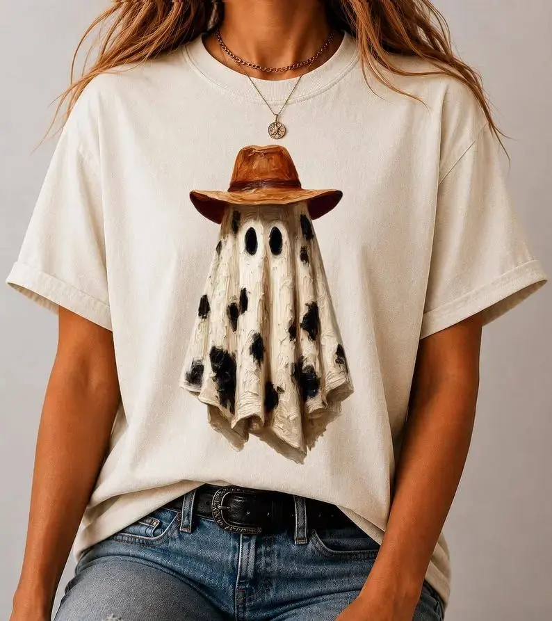 Cowboy Ghost T-Shirt, Western Halloween Boo Haw Tee, Cute Spooky Country Fall Cow Print Graphic Top for Women