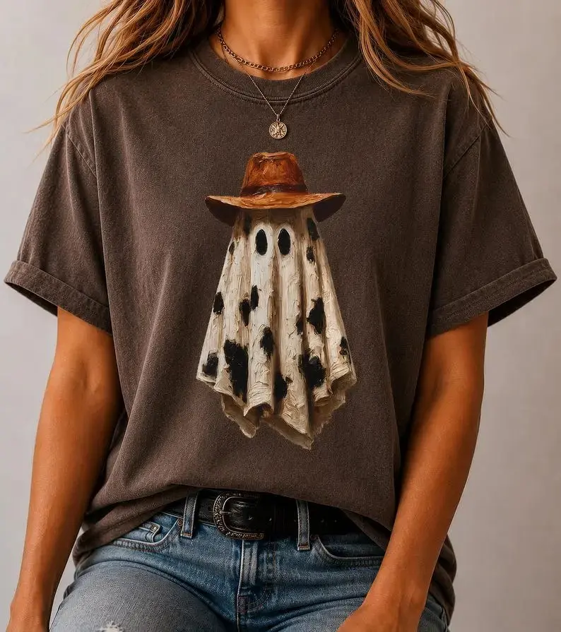 Cowboy Ghost T-Shirt, Western Halloween Boo Haw Tee, Cute Spooky Country Fall Cow Print Graphic Top for Women - photo 2