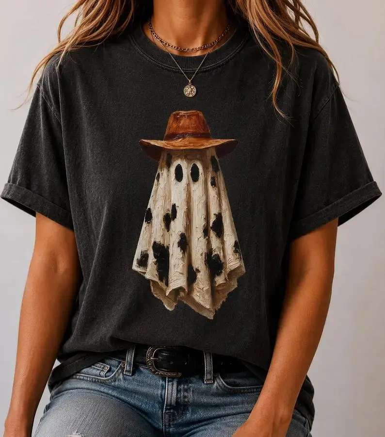 Cowboy Ghost T-Shirt, Western Halloween Boo Haw Tee, Cute Spooky Country Fall Cow Print Graphic Top for Women - photo 3