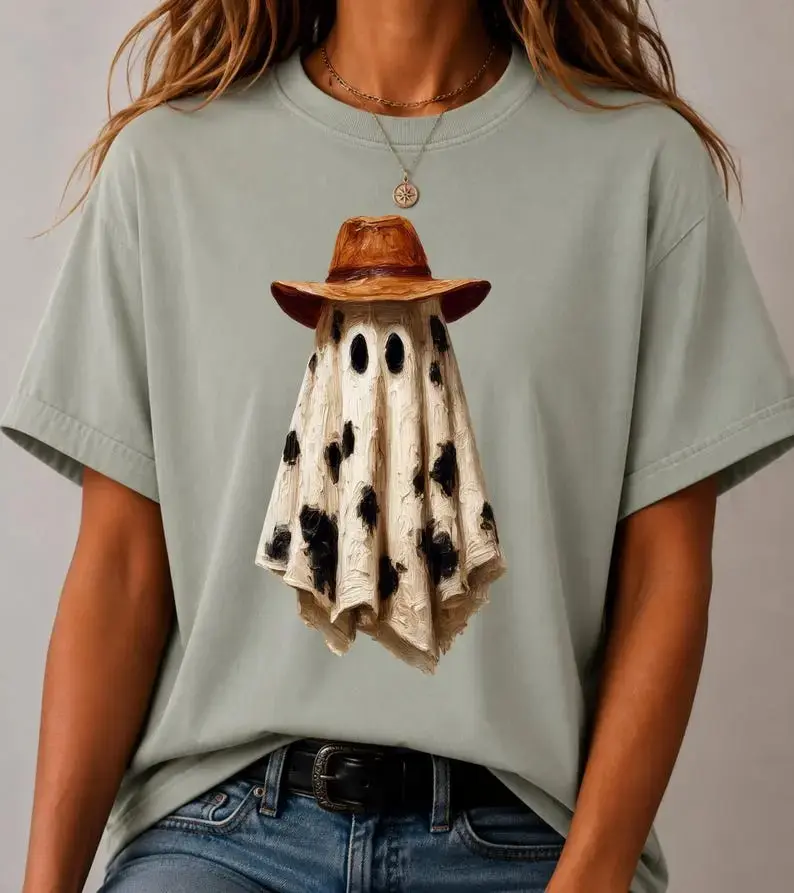 Cowboy Ghost T-Shirt, Western Halloween Boo Haw Tee, Cute Spooky Country Fall Cow Print Graphic Top for Women - photo 4