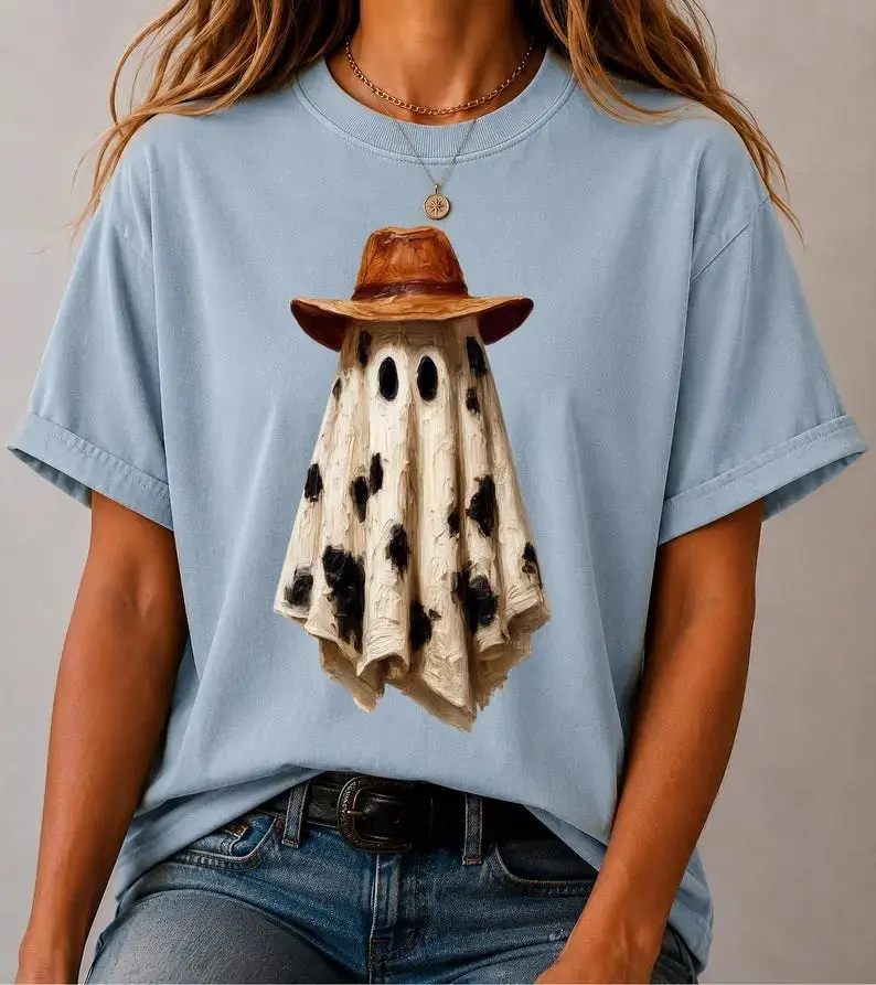 Cowboy Ghost T-Shirt, Western Halloween Boo Haw Tee, Cute Spooky Country Fall Cow Print Graphic Top for Women - photo 5