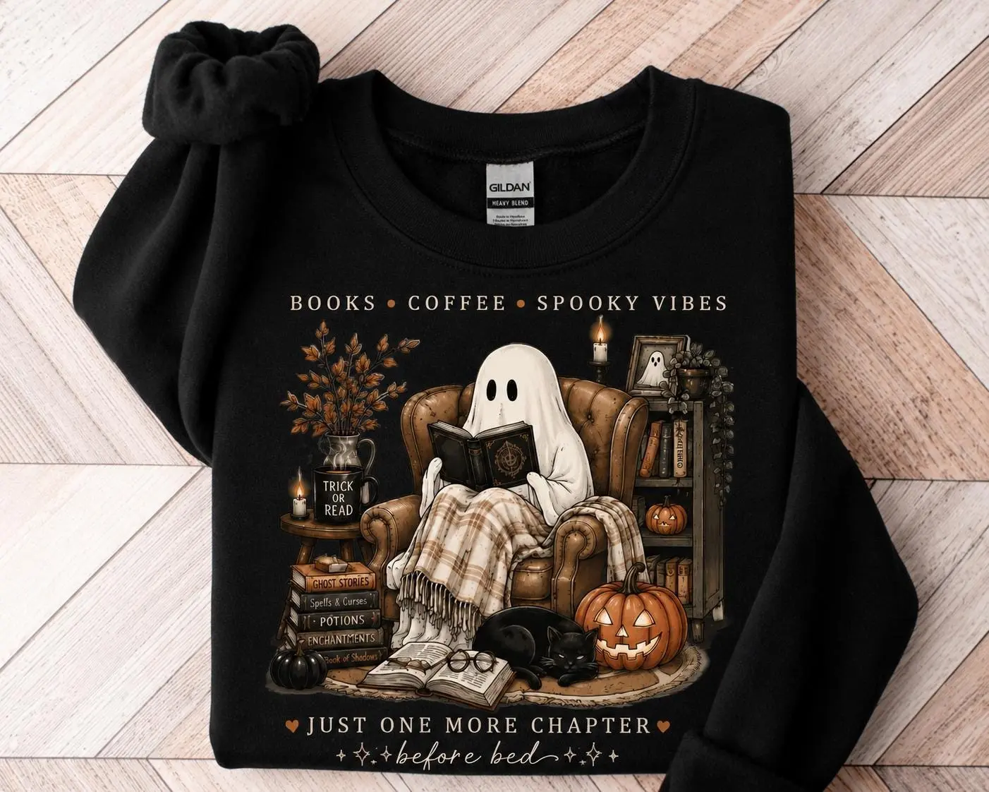 Cozy Ghost Reading Sweatshirt, Books Coffee Spooky Vibes Crewneck, Halloween Book Lover Tee, Cute Reader Fall Bookish Graphic Top - photo 5