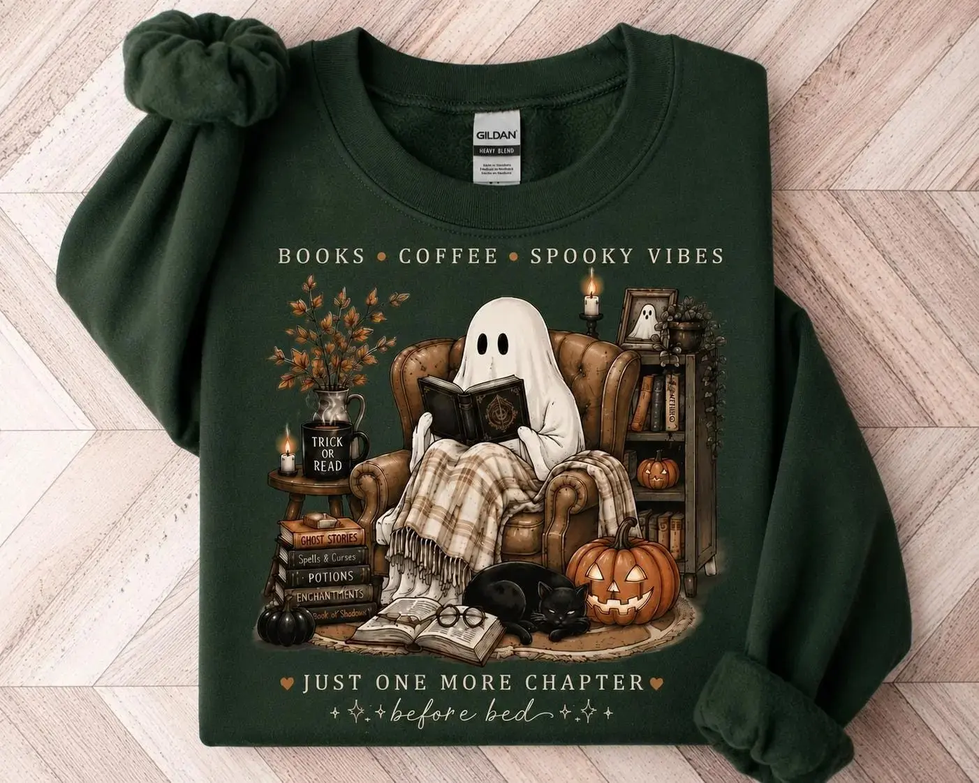 Cozy Ghost Reading Shirt, Halloween Book Lover Bookish Coffee Spooky Vibes Fall Graphic Tee for Women - photo 5