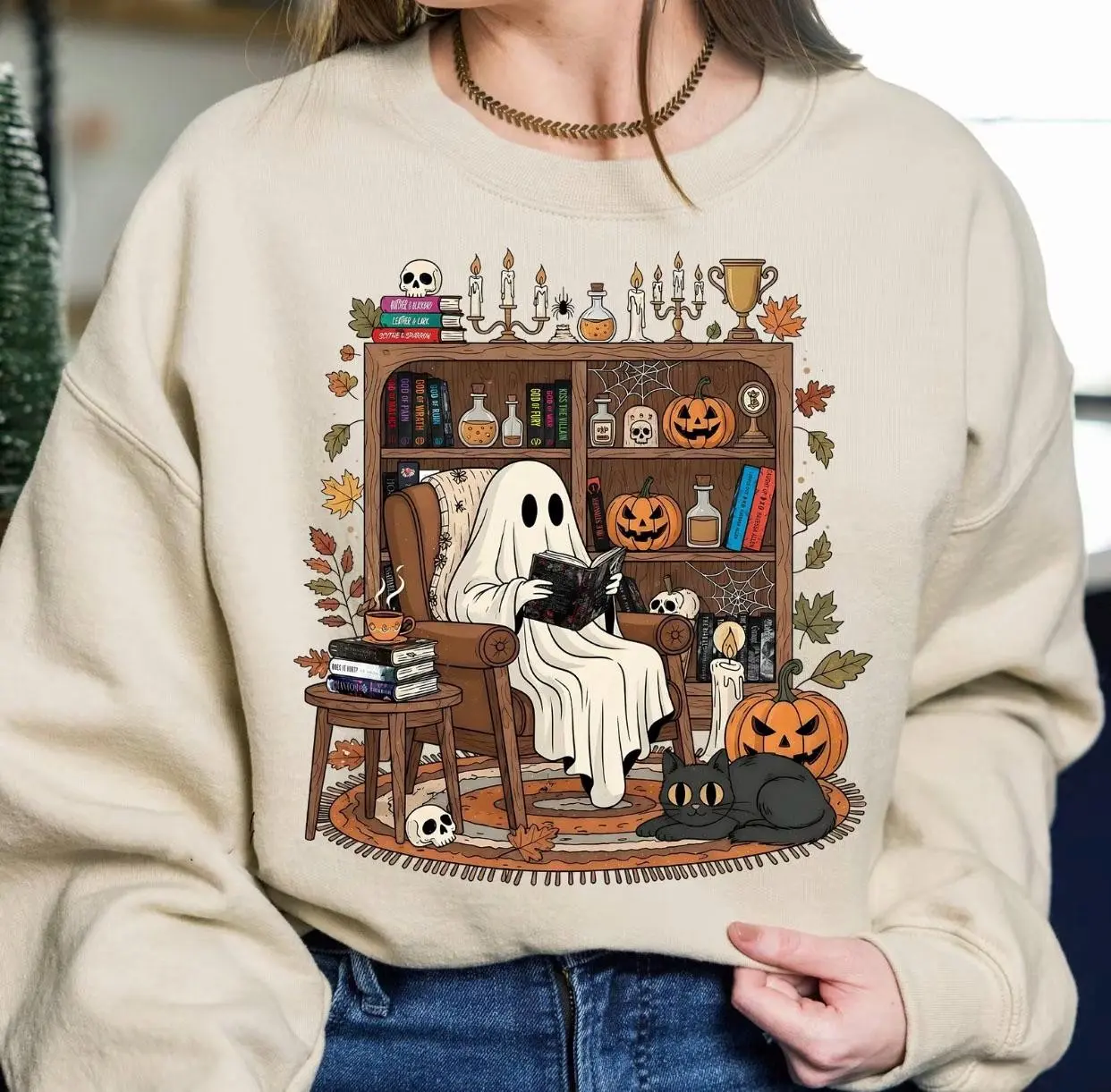 Cozy Ghost Reading Shirt, Halloween Library Bookworm Tee, Womens Cute Spooky Season Book Lover Fall Bookshelf Top - photo 3
