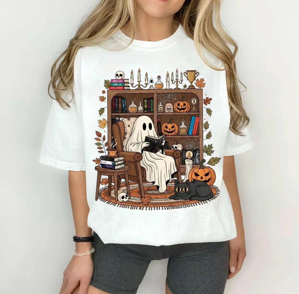 Cozy Ghost Reading Sweatshirt, Halloween Library Bookworm Crewneck, Womens Cute Spooky Season Book Lover Graphic Top - photo 2