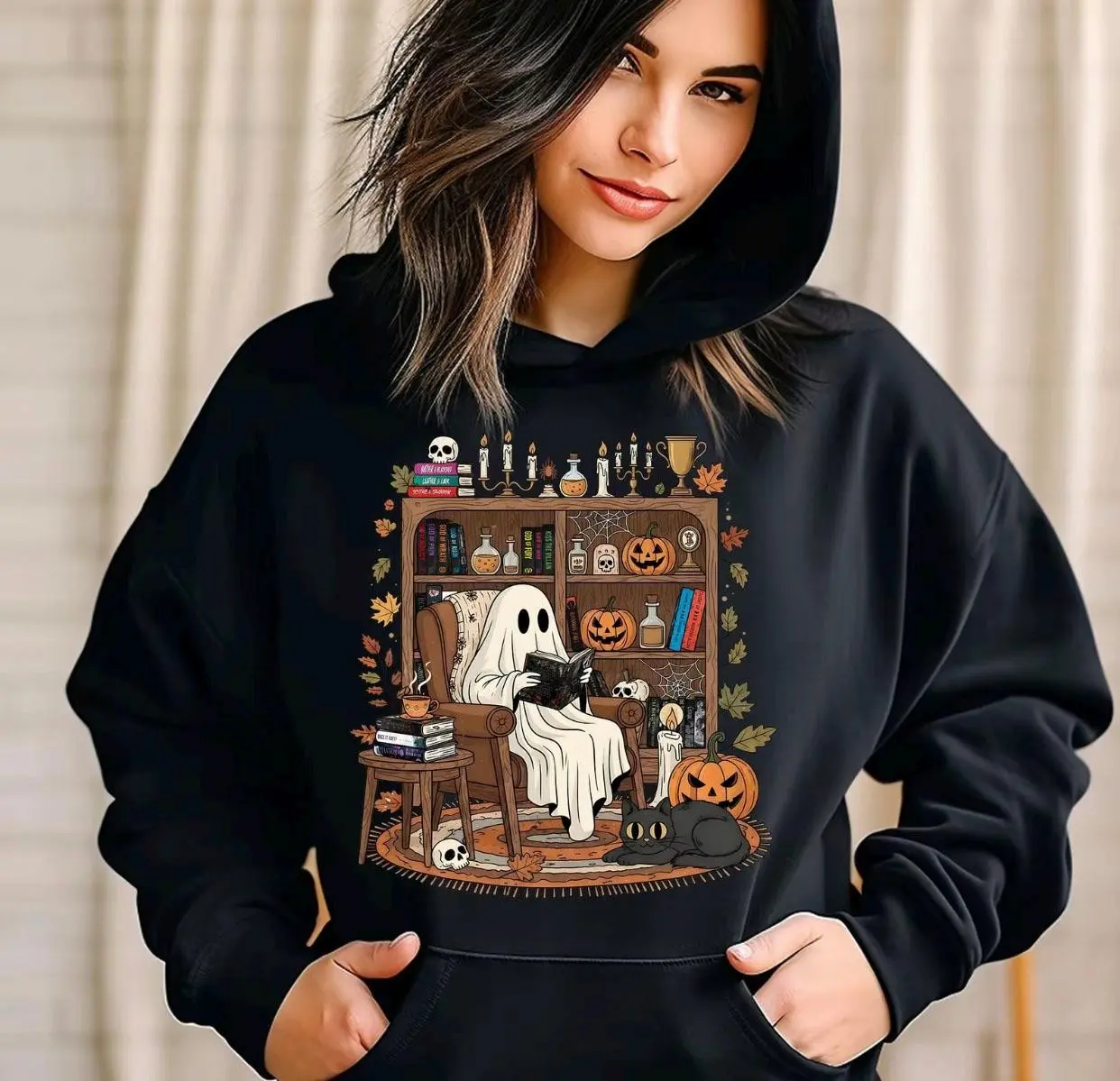 Cozy Ghost Reading Sweatshirt, Halloween Library Bookworm Crewneck, Womens Cute Spooky Season Book Lover Graphic Top - photo 4
