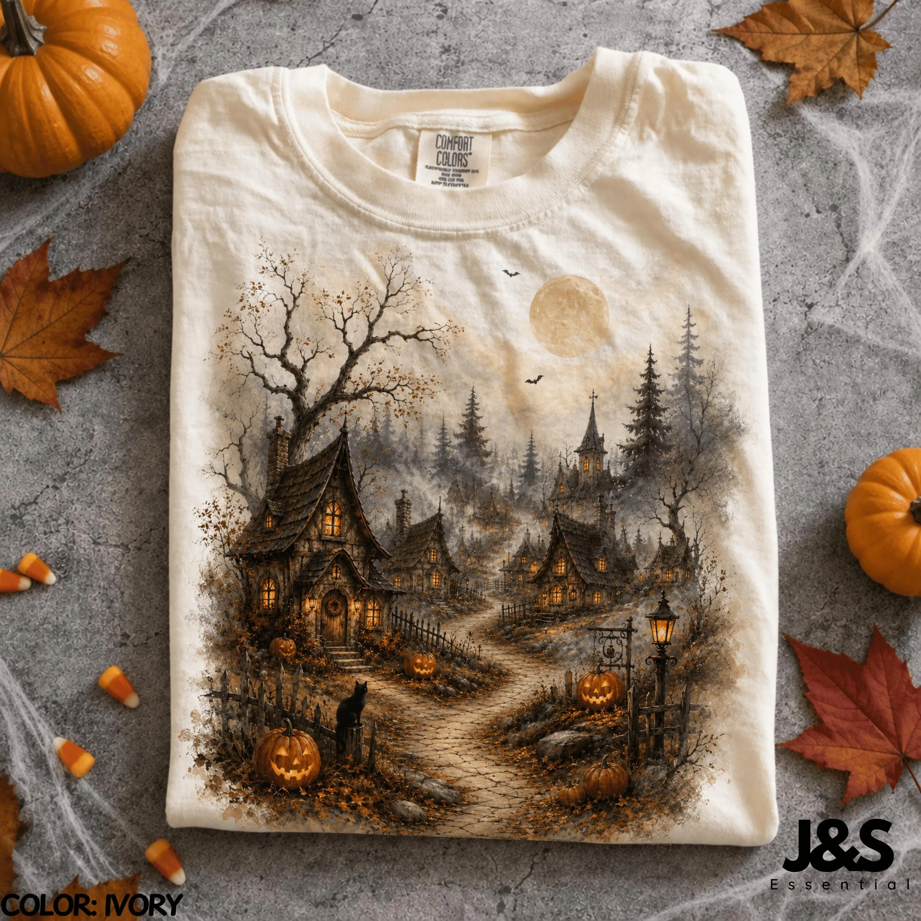 Cozy Haunted Village Halloween Shirt, Vintage Pumpkin Moon Spooky Cottagecore Tee, Fall Witchy Ghost Autumn Gift