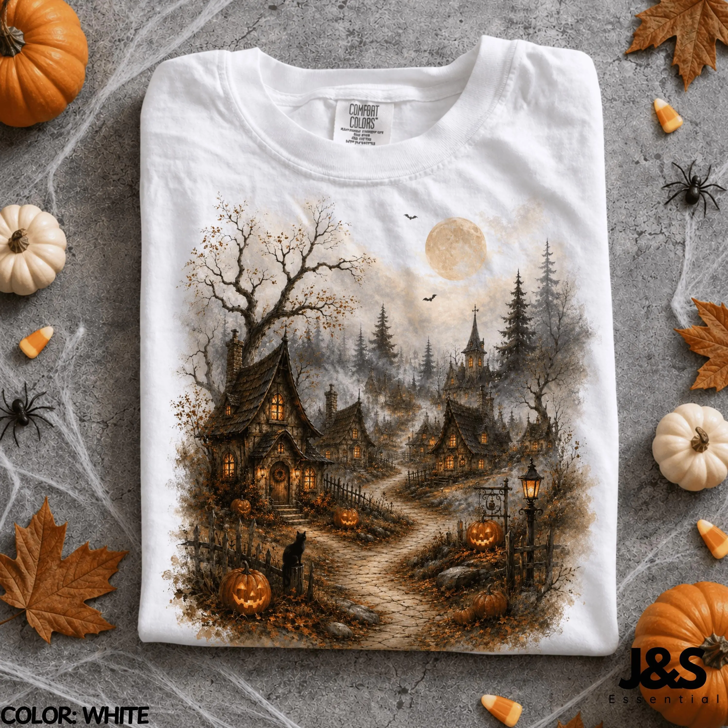Cozy Haunted Village Halloween Shirt, Vintage Pumpkin Moon Spooky Cottagecore Tee, Fall Witchy Ghost Autumn Gift - photo 2