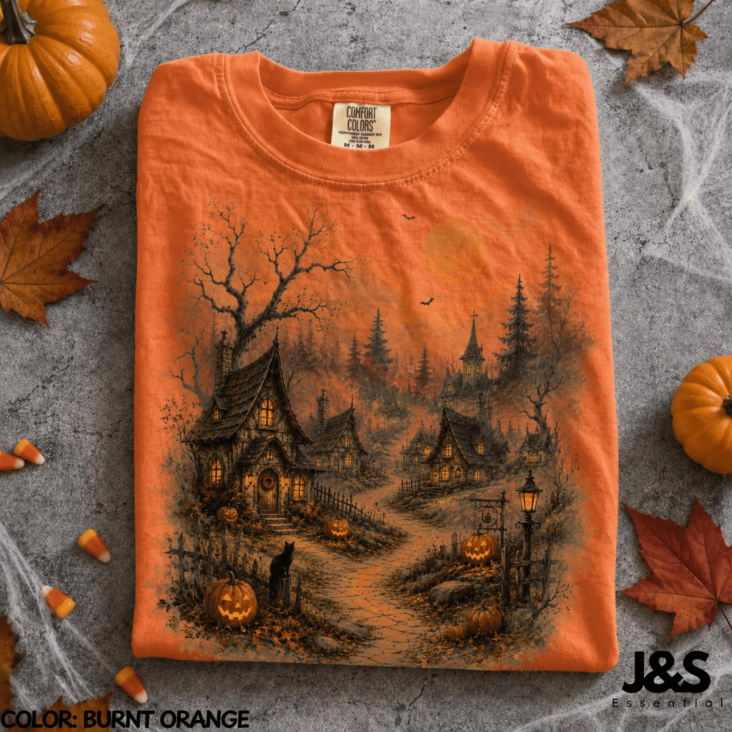 Cozy Haunted Village Halloween Shirt, Vintage Pumpkin Moon Spooky Cottagecore Tee, Fall Witchy Ghost Autumn Gift - photo 3