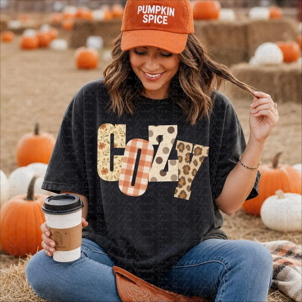 Cozy Textured Flannel Fall Shirt, Autumn Pumpkin Fingerprint Vibes Mom Graphic Tee for Women