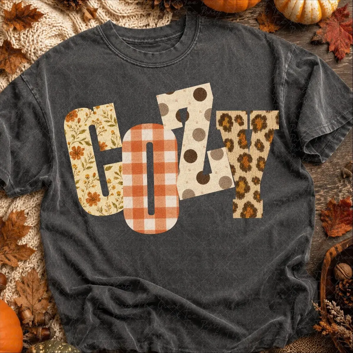 Cozy Textured Flannel Fall Shirt, Autumn Pumpkin Fingerprint Vibes Mom Graphic Tee for Women - photo 3