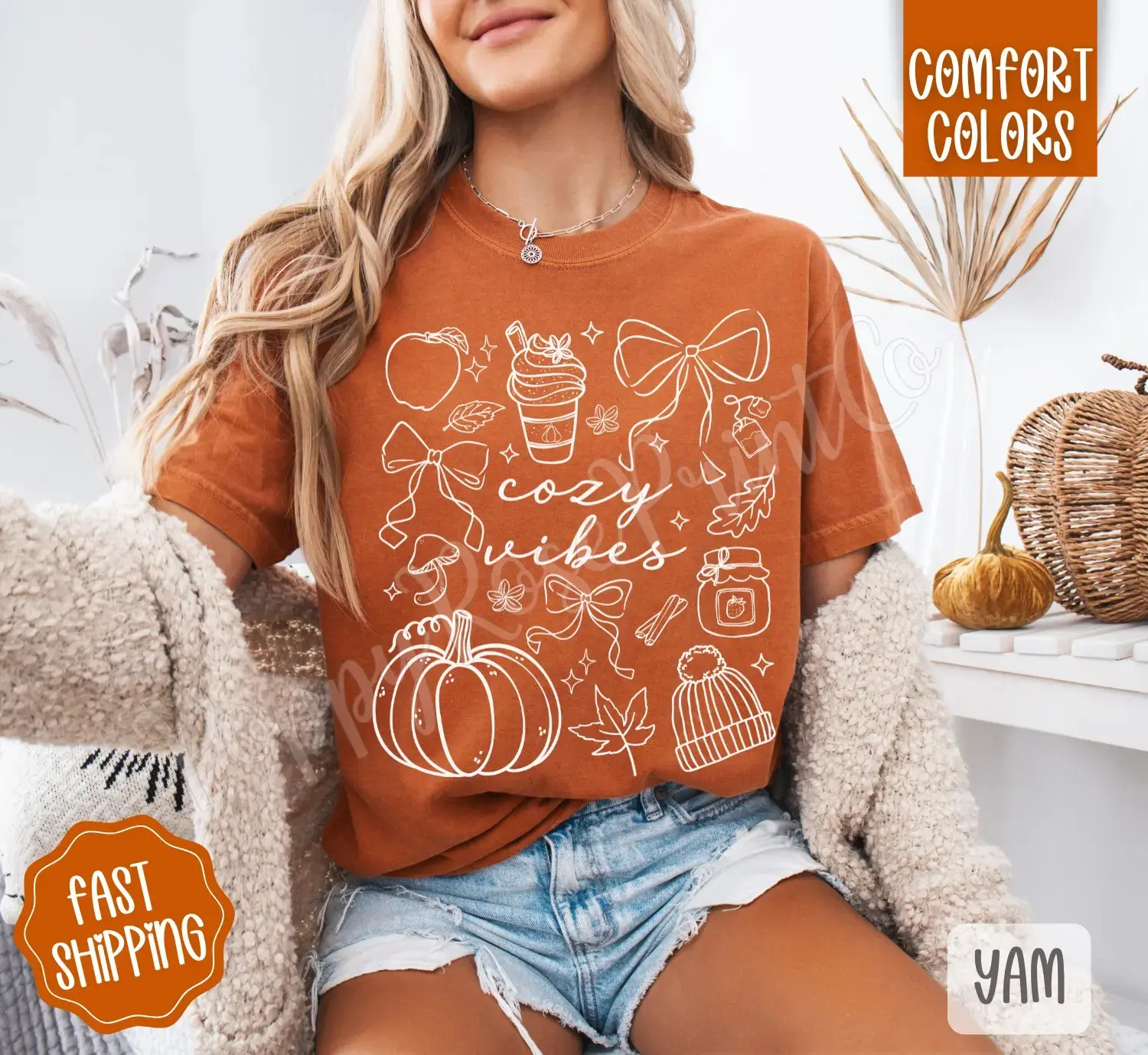 Cozy Vibes Comfort Colors Shirt, Trendy Fall Graphic Tee for Women, Cute Oversized Autumn Pumpkin Season Top