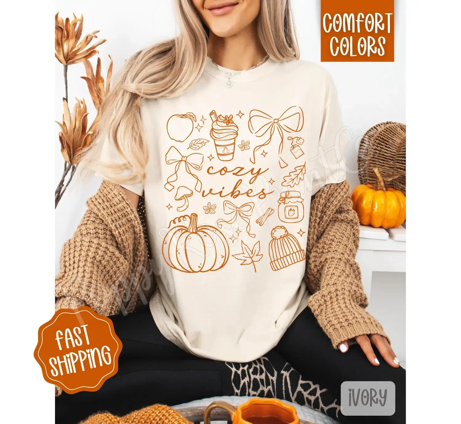 Cozy Vibes Comfort Colors Shirt, Trendy Fall Graphic Tee for Women, Cute Oversized Autumn Pumpkin Season Top - photo 2