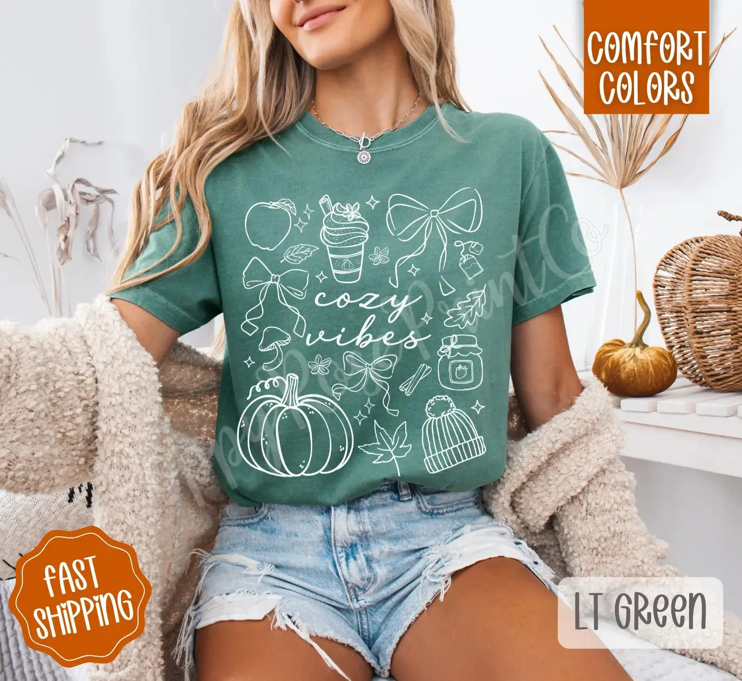 Cozy Vibes Comfort Colors Shirt, Trendy Fall Graphic Tee for Women, Cute Oversized Autumn Pumpkin Season Top - photo 4