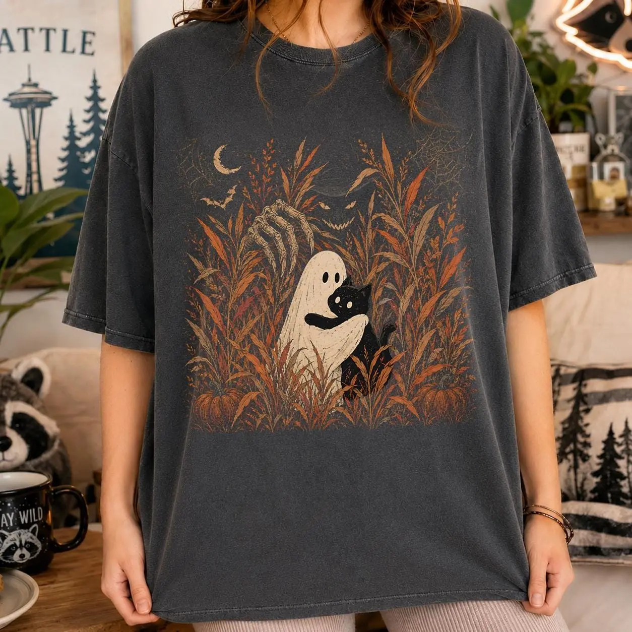 Creepy Witch Ghost Cat Shirt, Skeletal Hand Dark Halloween Tee, Eerie Vintage Autumn Monster Comfort Colors Gift