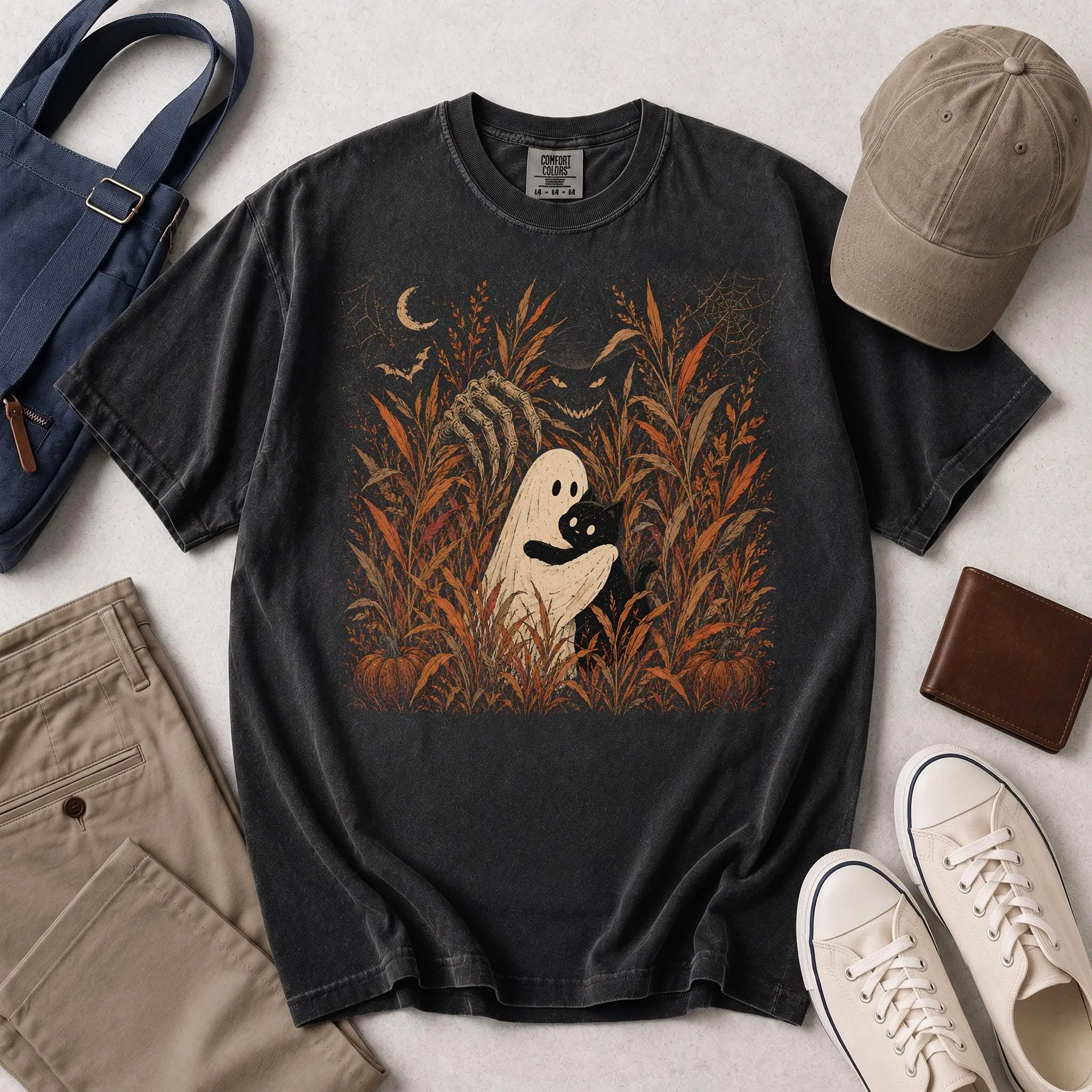 Creepy Witch Ghost Cat Shirt, Skeletal Hand Dark Halloween Tee, Eerie Vintage Autumn Monster Comfort Colors Gift - photo 2