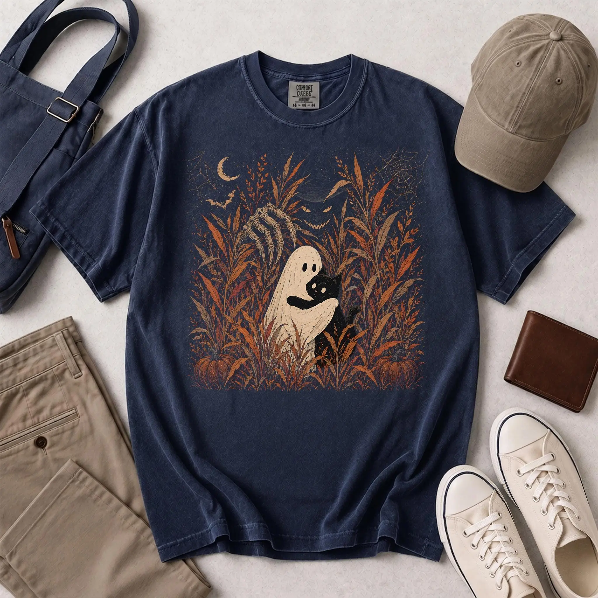 Creepy Witch Ghost Cat Shirt, Skeletal Hand Dark Halloween Tee, Eerie Vintage Autumn Monster Comfort Colors Gift - photo 3