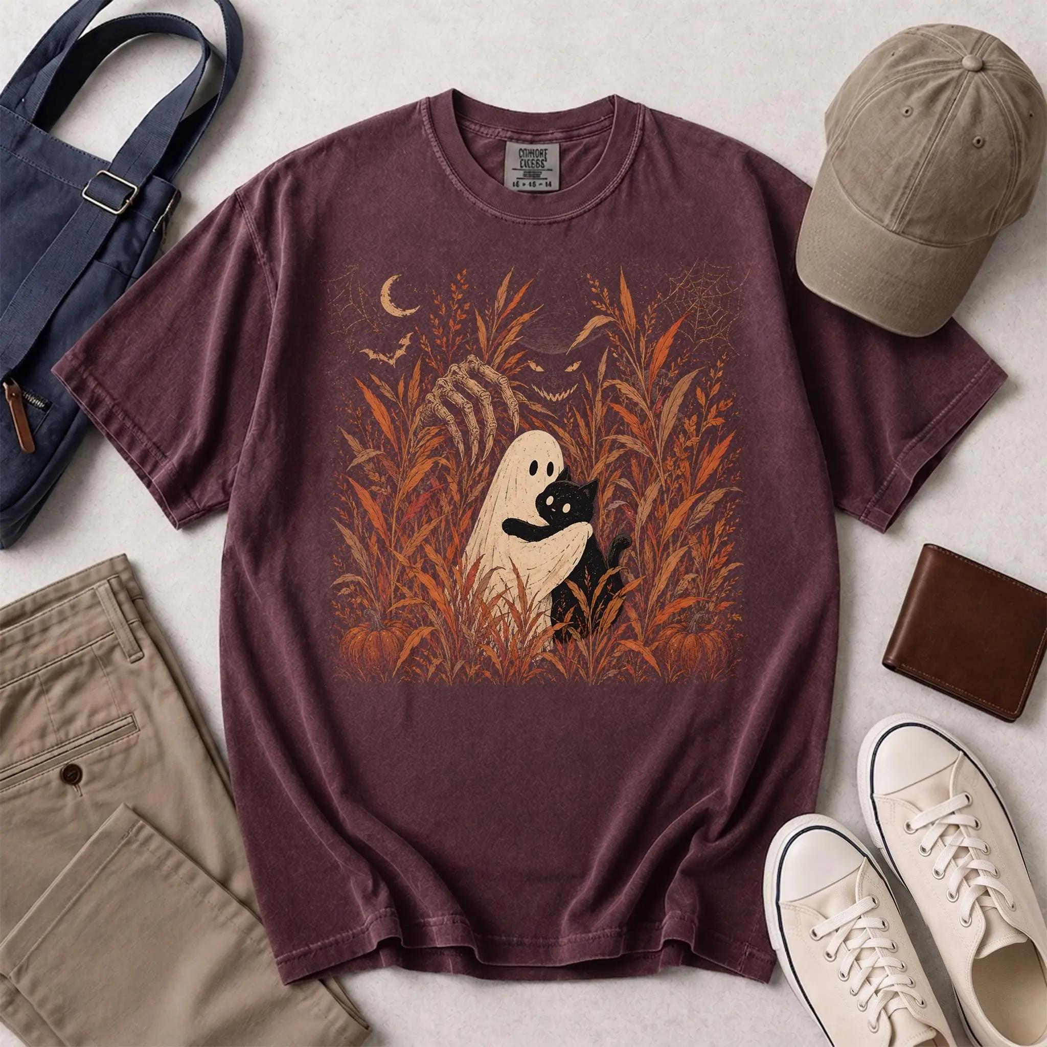 Creepy Witch Ghost Cat Shirt, Skeletal Hand Dark Halloween Tee, Eerie Vintage Autumn Monster Comfort Colors Gift - photo 4
