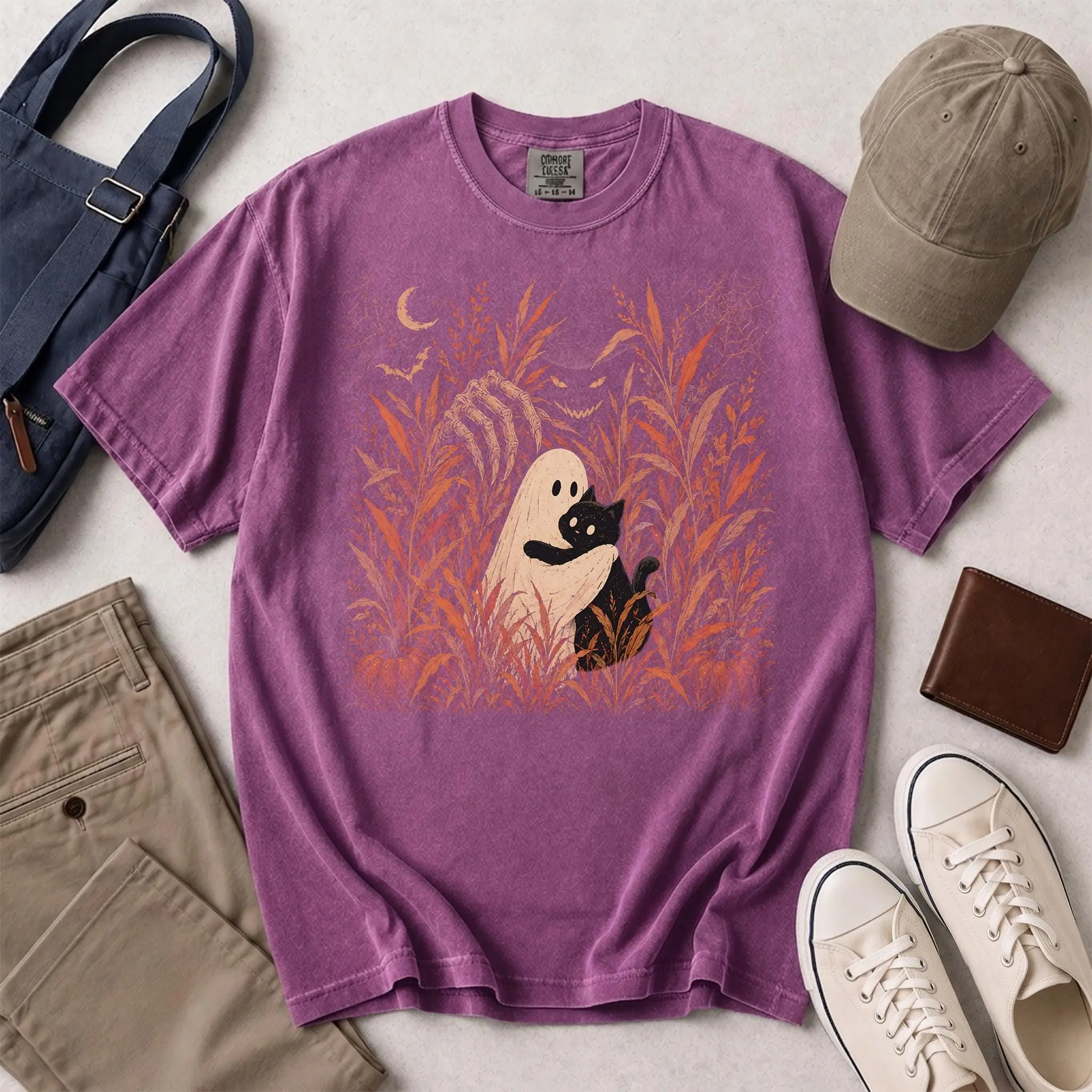 Creepy Witch Ghost Cat Shirt, Skeletal Hand Dark Halloween Tee, Eerie Vintage Autumn Monster Comfort Colors Gift - photo 5