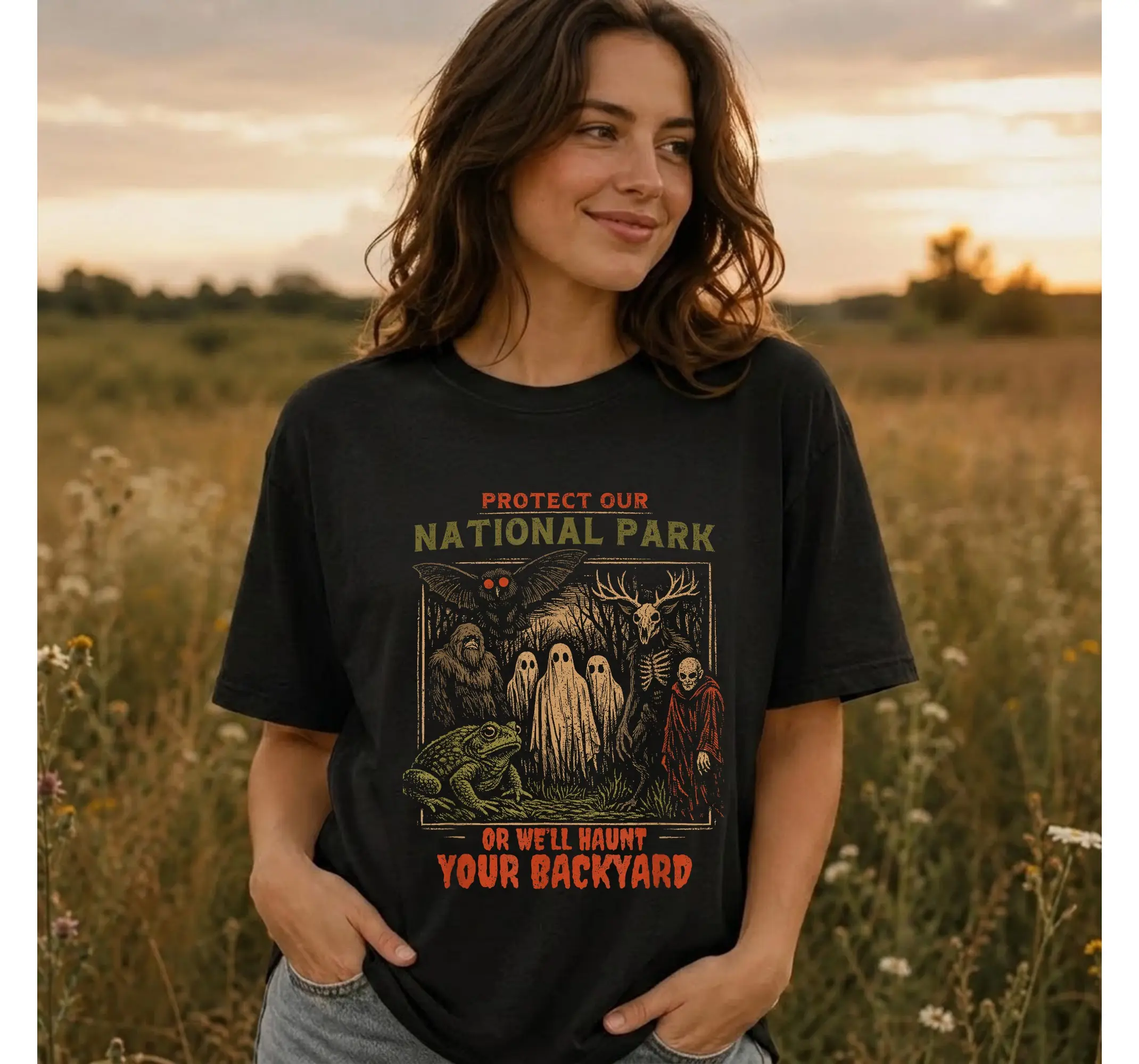 Cryptid Forest Graphic Tee, Save Our National Parks Bigfoot Mothman Spooky Outdoor Shirt