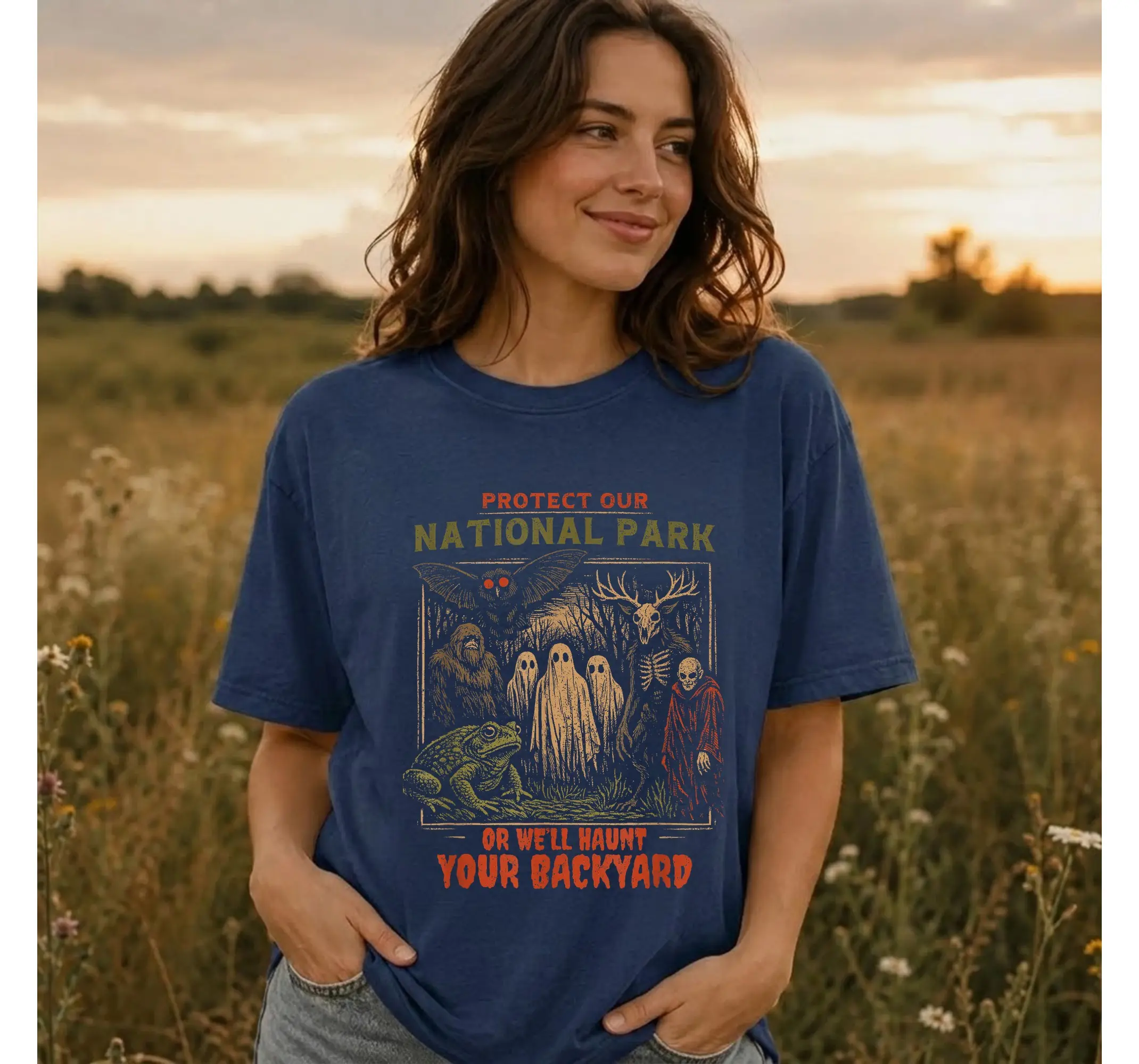 Cryptid Forest Graphic Tee, Save Our National Parks Bigfoot Mothman Spooky Outdoor Shirt - photo 2