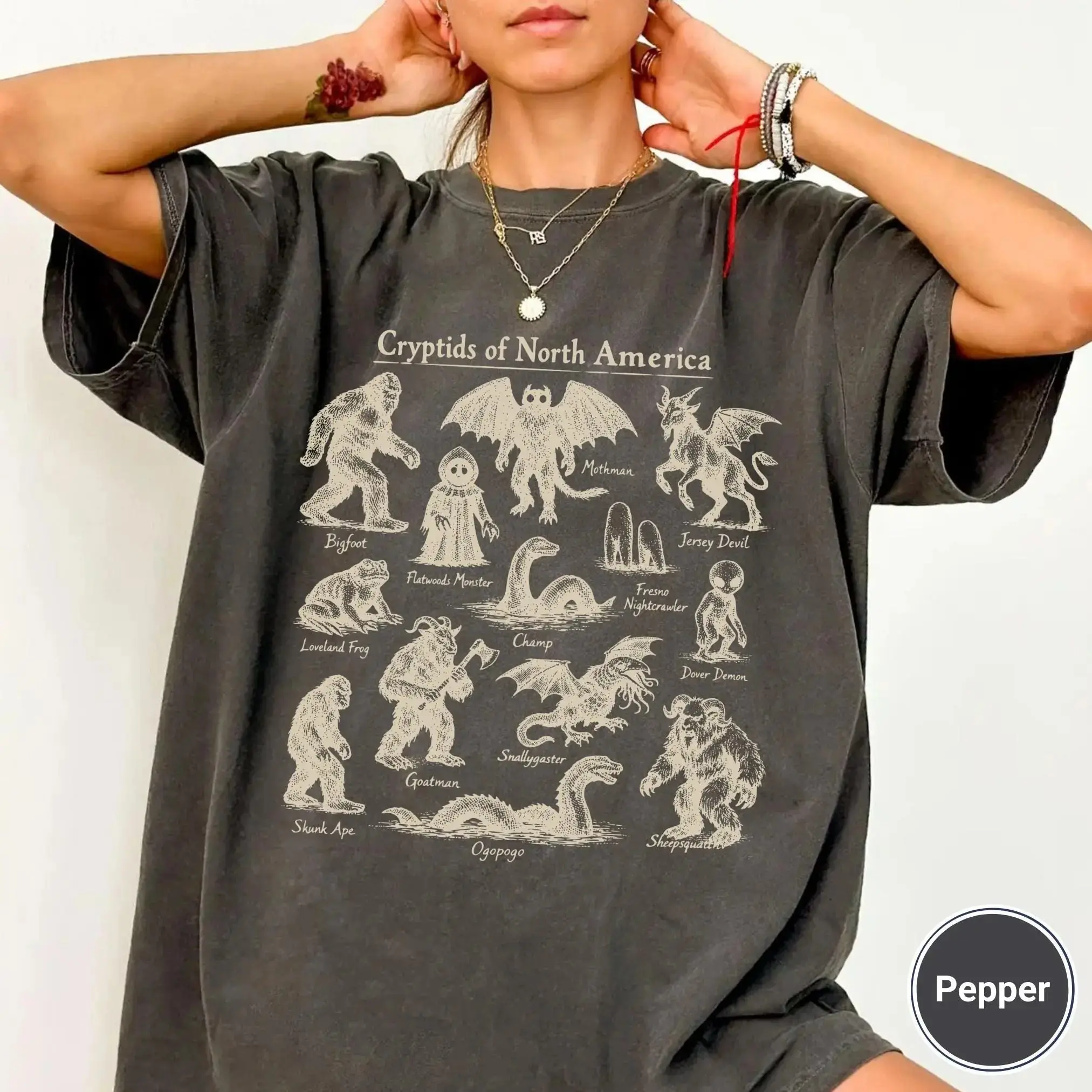 Comfort Colors Cryptids of North America Shirt, Vintage Field Guide Bigfoot Mothman Cryptozoology Tee - photo 3
