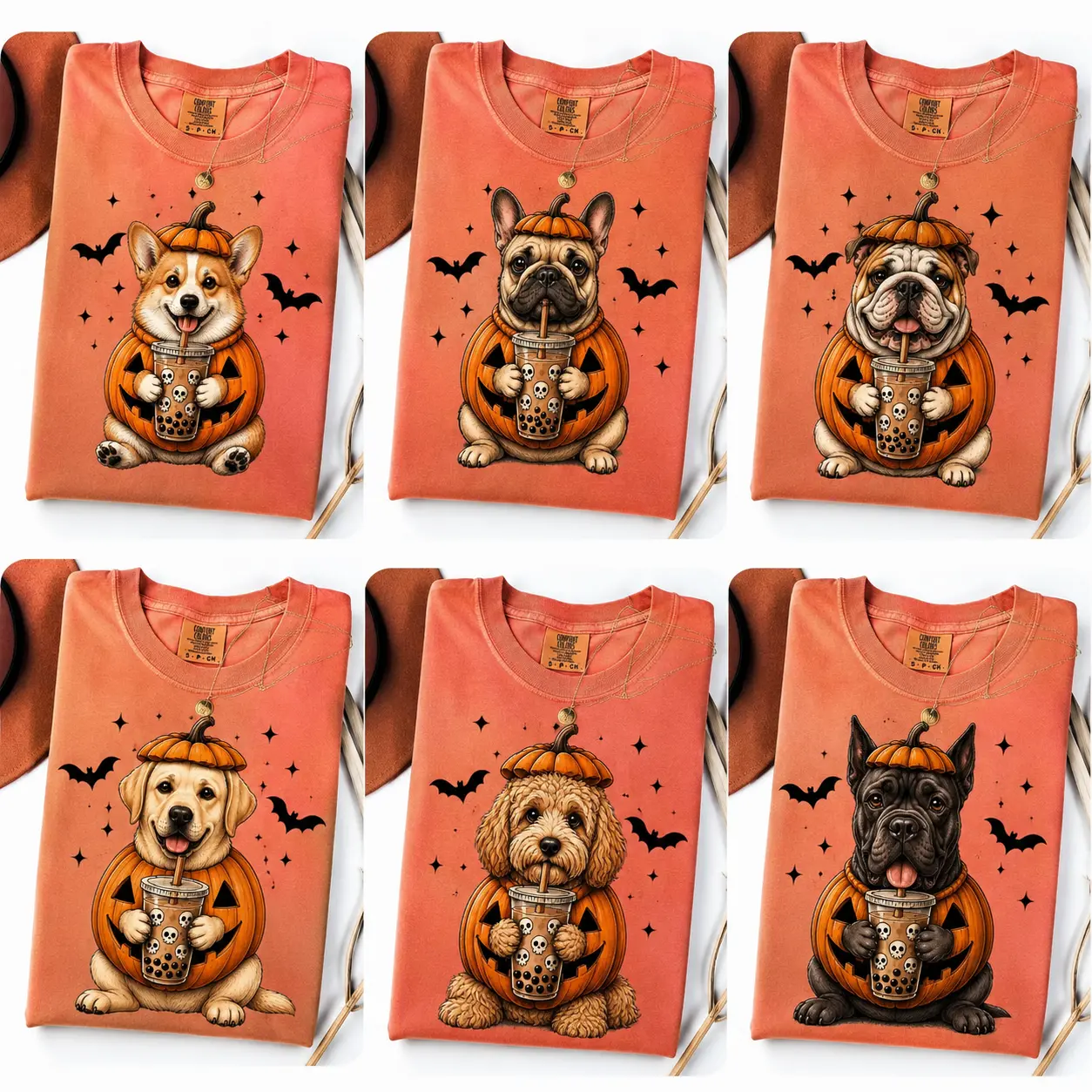 Comfort Colors Custom 50+ Dog Ghost Bubble Tea Yam Shirt, Funny Halloween Dog Dad Lover Tee, Retro Spooky Pumpkin Bat Top