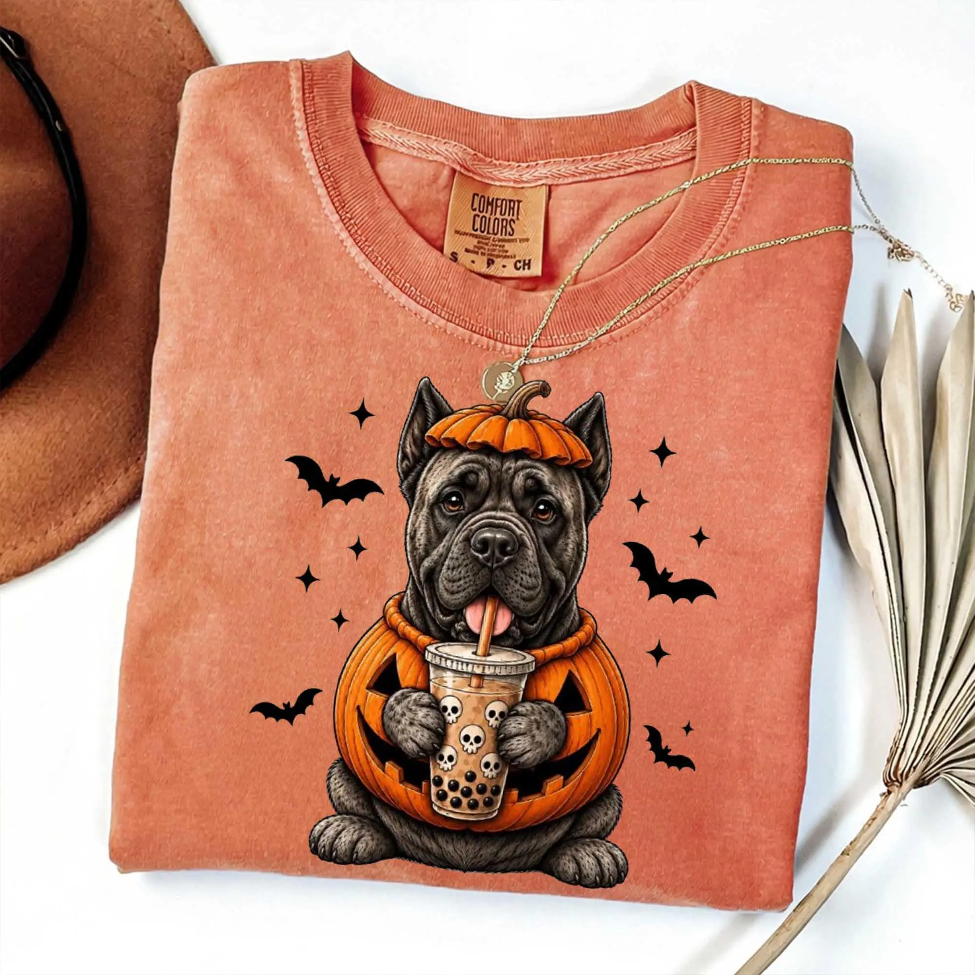 Comfort Colors Custom 50+ Dog Ghost Bubble Tea Yam Shirt, Funny Halloween Dog Dad Lover Tee, Retro Spooky Pumpkin Bat Top - photo 2