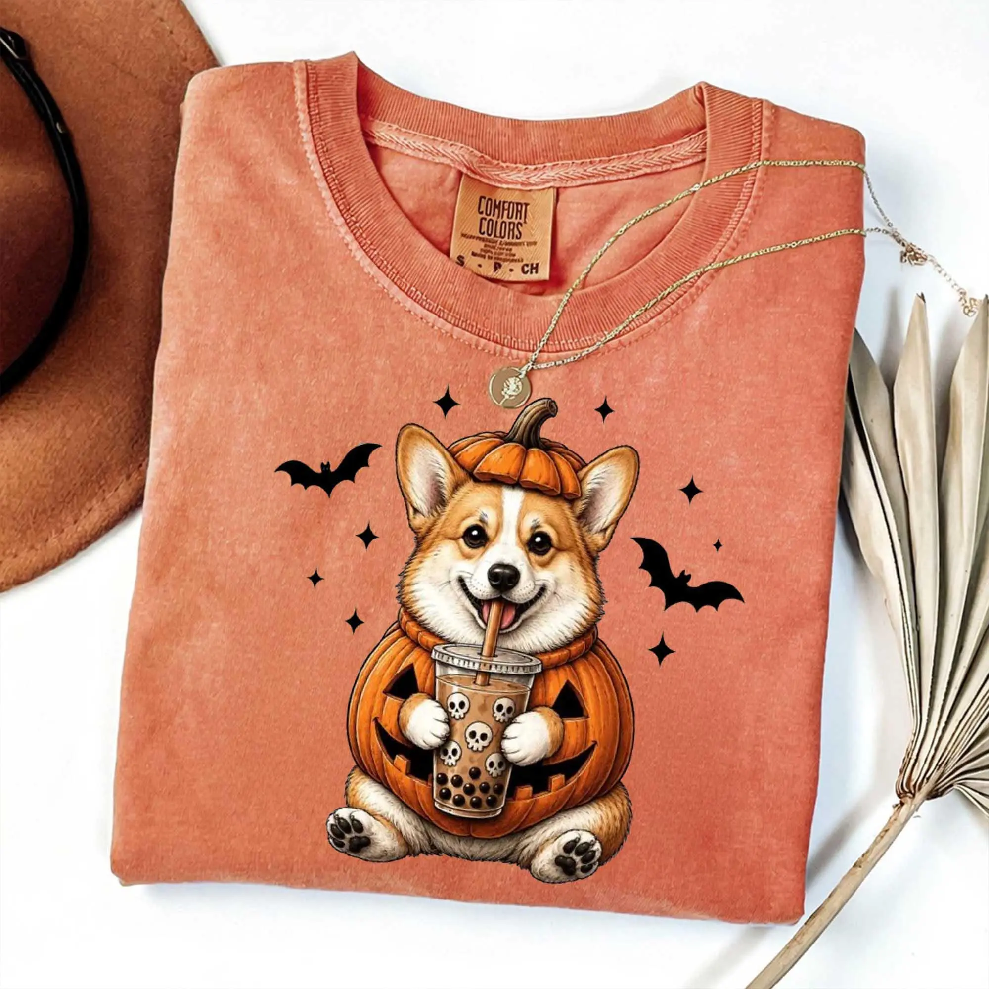 Comfort Colors Custom 50+ Dog Ghost Bubble Tea Yam Shirt, Funny Halloween Dog Dad Lover Tee, Retro Spooky Pumpkin Bat Top - photo 3
