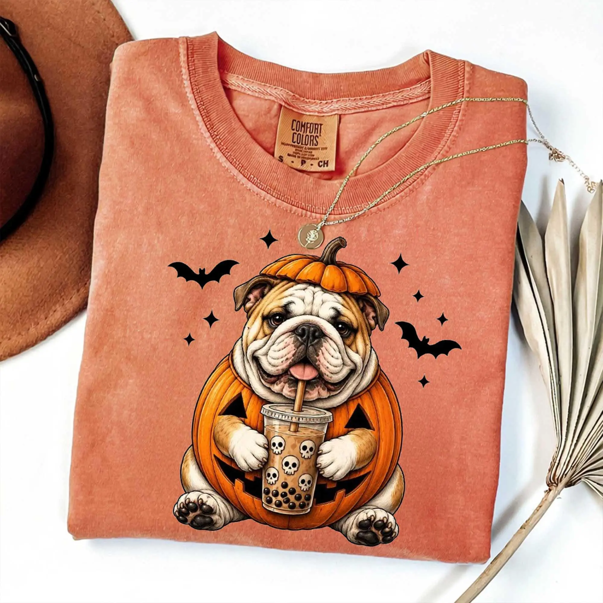 Comfort Colors Custom 50+ Dog Ghost Bubble Tea Yam Shirt, Funny Halloween Dog Dad Lover Tee, Retro Spooky Pumpkin Bat Top - photo 4