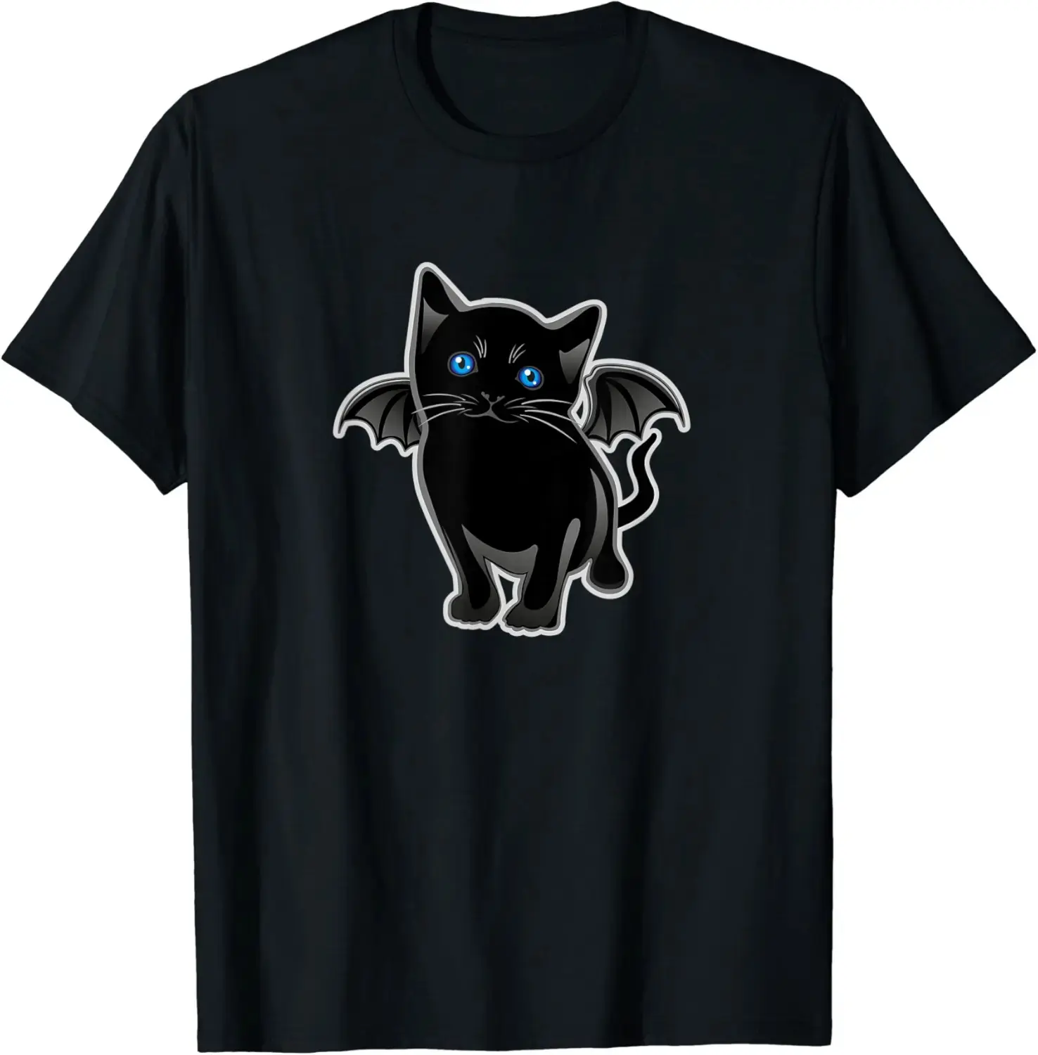 Cute Black Bat Wings Cat T-Shirt, Funny Halloween Costume Graphic Tee, Casual Short Sleeve Womens Top