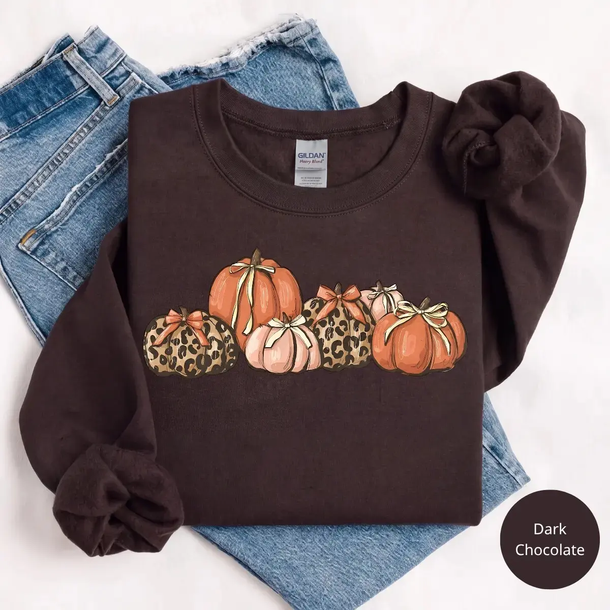 Cute Bow Leopard Pumpkin Gildan Sweatshirt, Fall Thanksgiving Cozy Autumn Graphic Top, Halloween Gift