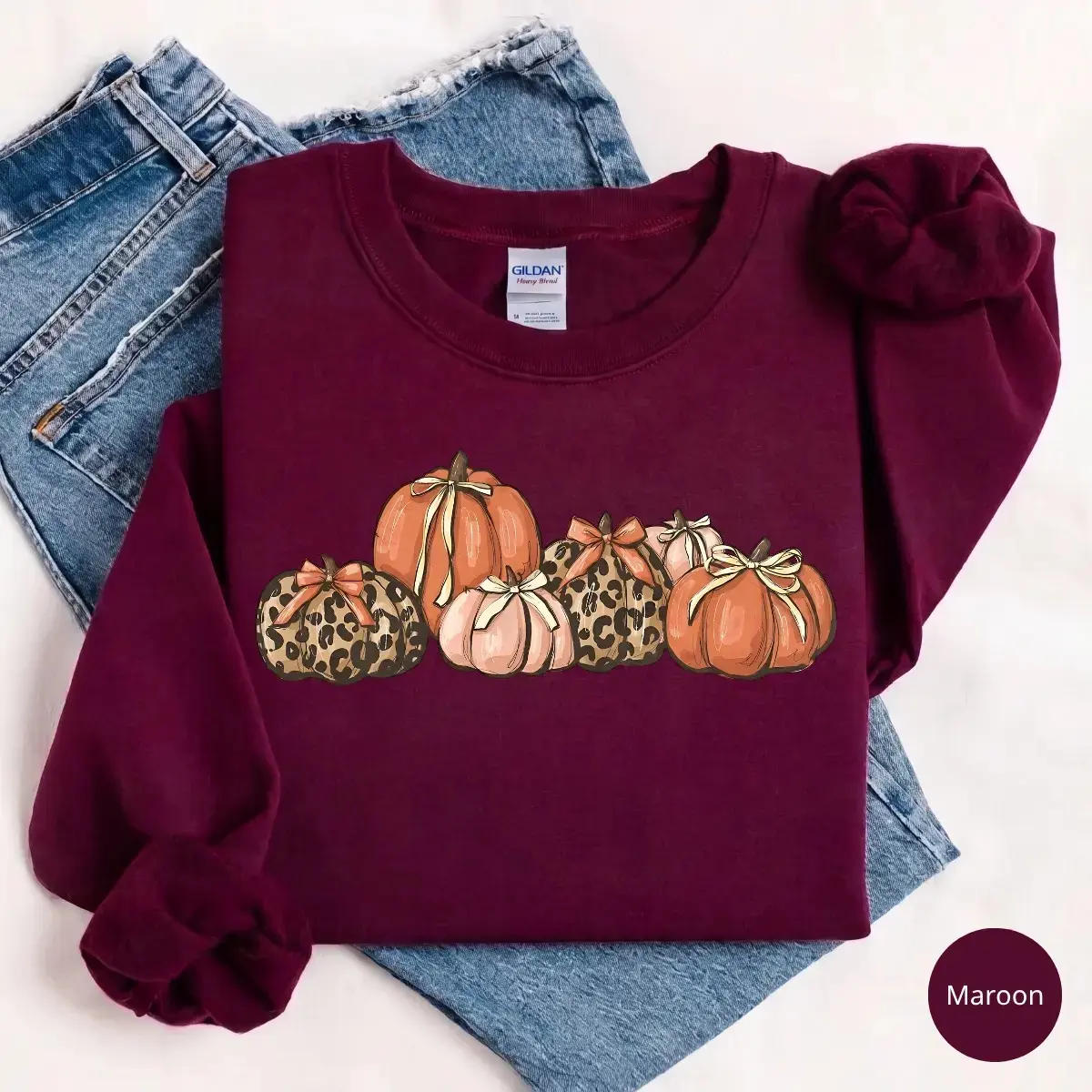 Cute Bow Leopard Pumpkin Gildan Sweatshirt, Fall Thanksgiving Cozy Autumn Graphic Top, Halloween Gift - photo 2