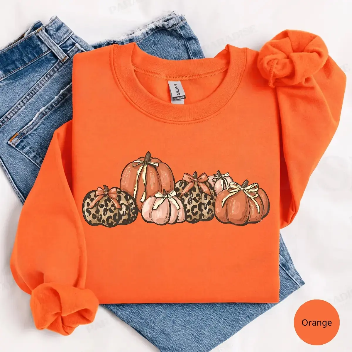 Cute Bow Leopard Pumpkin Gildan Sweatshirt, Fall Thanksgiving Cozy Autumn Graphic Top, Halloween Gift - photo 3