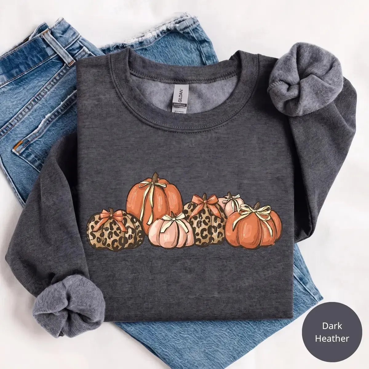 Cute Bow Leopard Pumpkin Gildan Sweatshirt, Fall Thanksgiving Cozy Autumn Graphic Top, Halloween Gift - photo 4