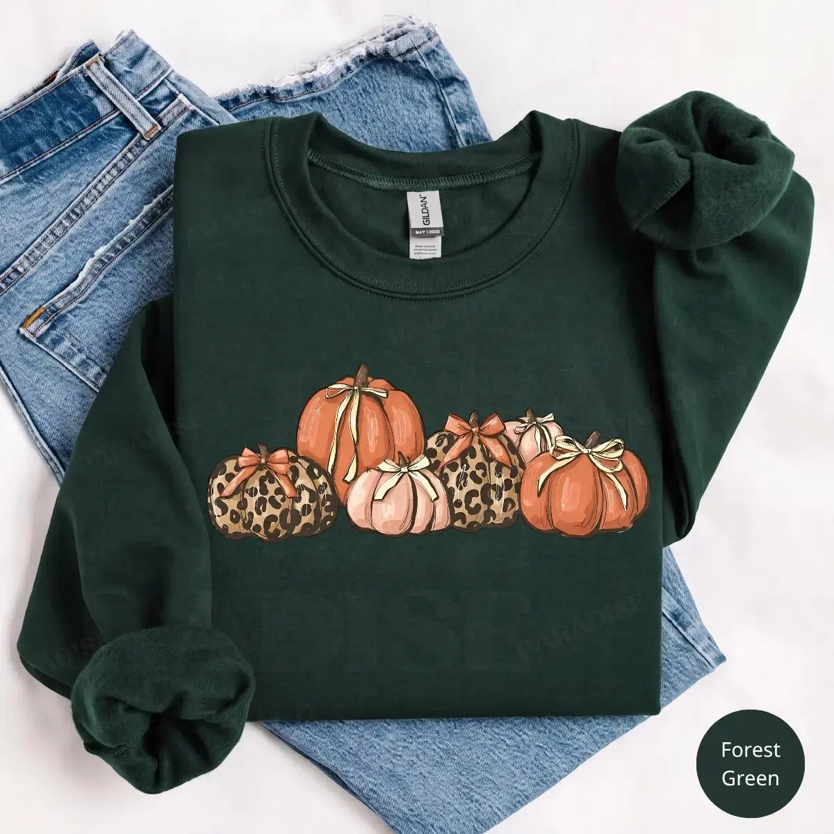 Cute Bow Leopard Pumpkin Gildan Sweatshirt, Fall Thanksgiving Cozy Autumn Graphic Top, Halloween Gift - photo 5