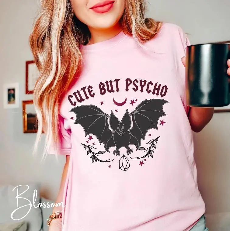 Comfort Colors 1717 Cute But Psycho Bat T-Shirt, Sassy Spooky Sweet Witchy Woman Aesthetic Tee Gift