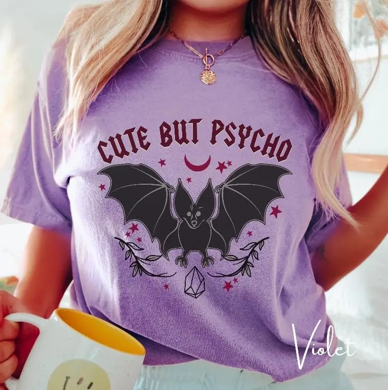 Comfort Colors 1717 Cute But Psycho Bat T-Shirt, Sassy Spooky Sweet Witchy Woman Aesthetic Tee Gift - photo 2