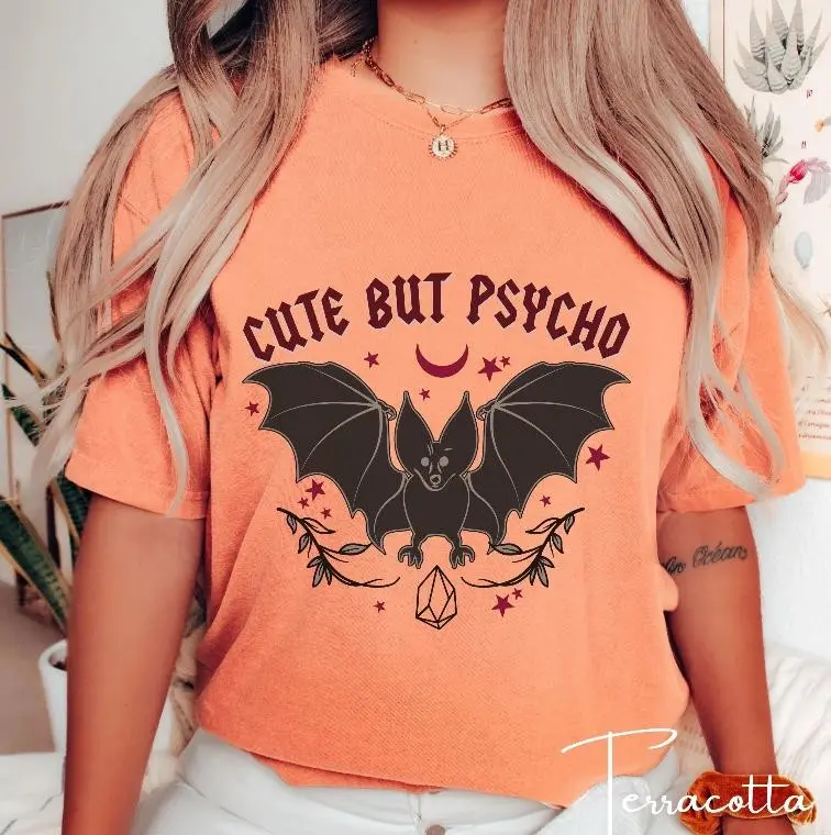 Comfort Colors 1717 Cute But Psycho Bat T-Shirt, Sassy Spooky Sweet Witchy Woman Aesthetic Tee Gift - photo 4