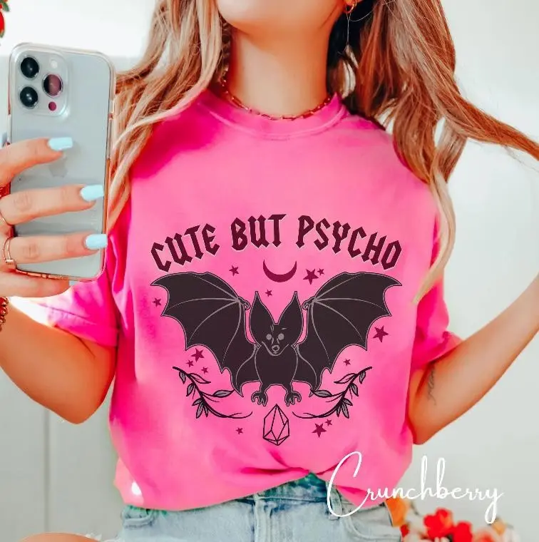 Comfort Colors 1717 Cute But Psycho Bat T-Shirt, Sassy Spooky Sweet Witchy Woman Aesthetic Tee Gift - photo 5