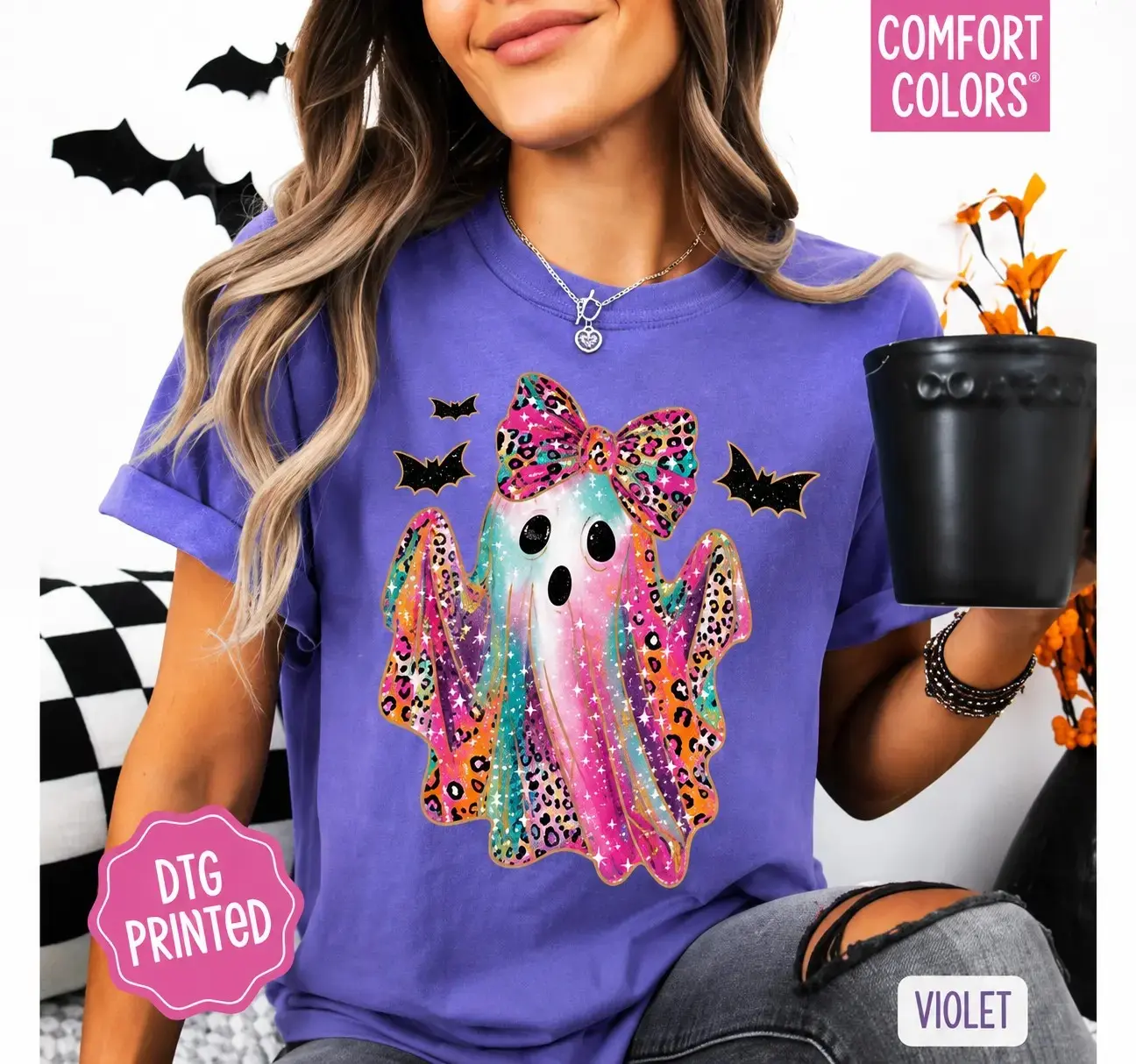 Cute Colorful Ghost Halloween Shirt for Women, Spooky Season Graphic Tee, Comfort Colors Violet Retro Fall Pumpkin Party Gift