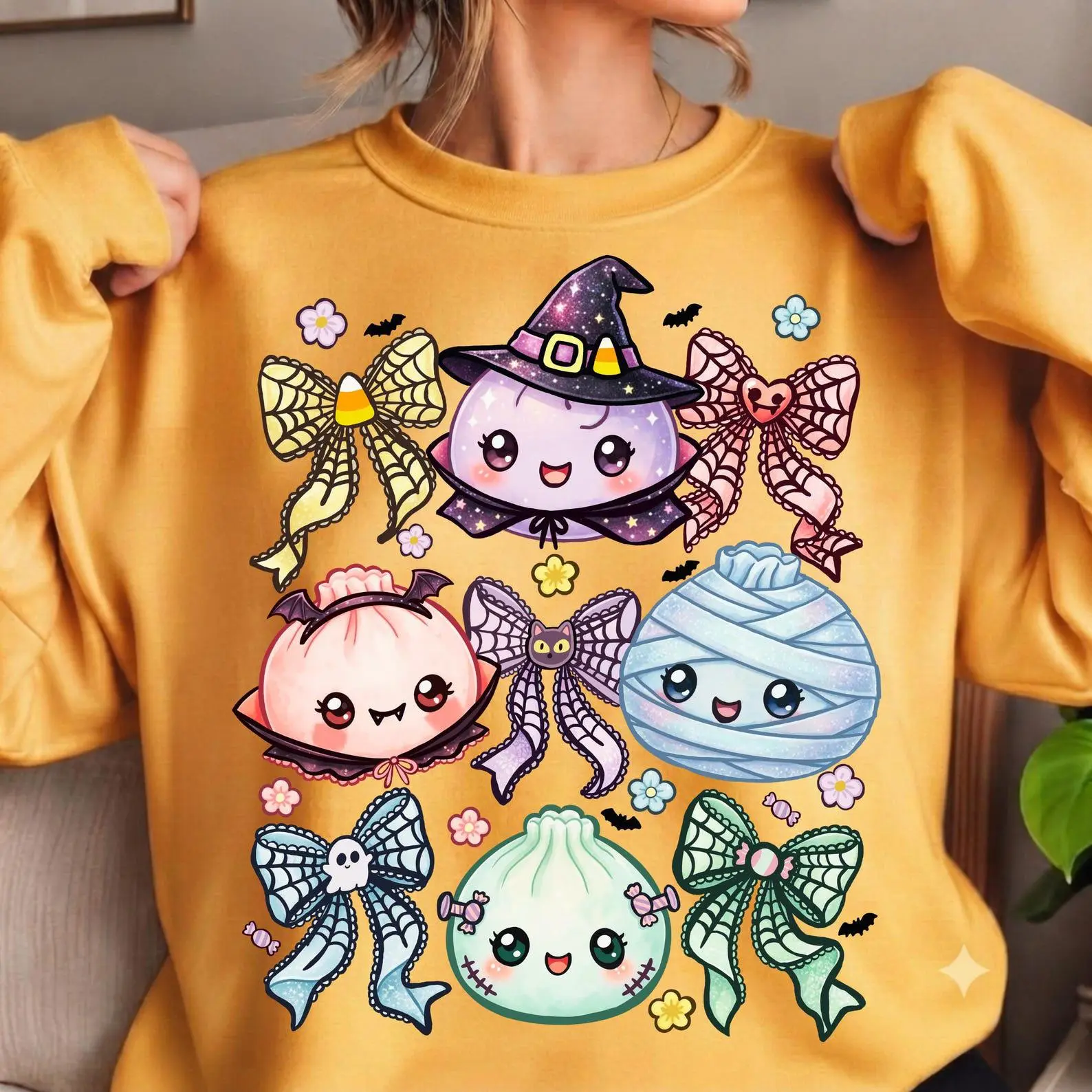 Cute Dumpling Halloween Shirt, Kawaii Anime Food Graphic Tee, Spooky Season Gift - photo 4