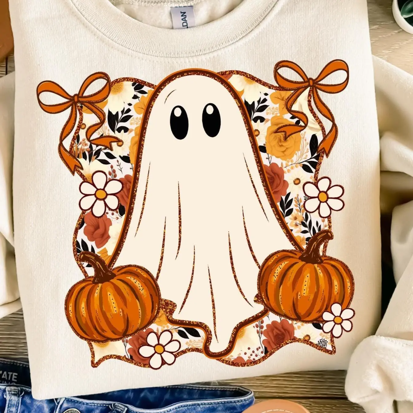 Cute Fall Ghost Shirt for Women, Coquette Autumn Graphic Tee, Halloween Print Casual Short Sleeve Top - photo 2